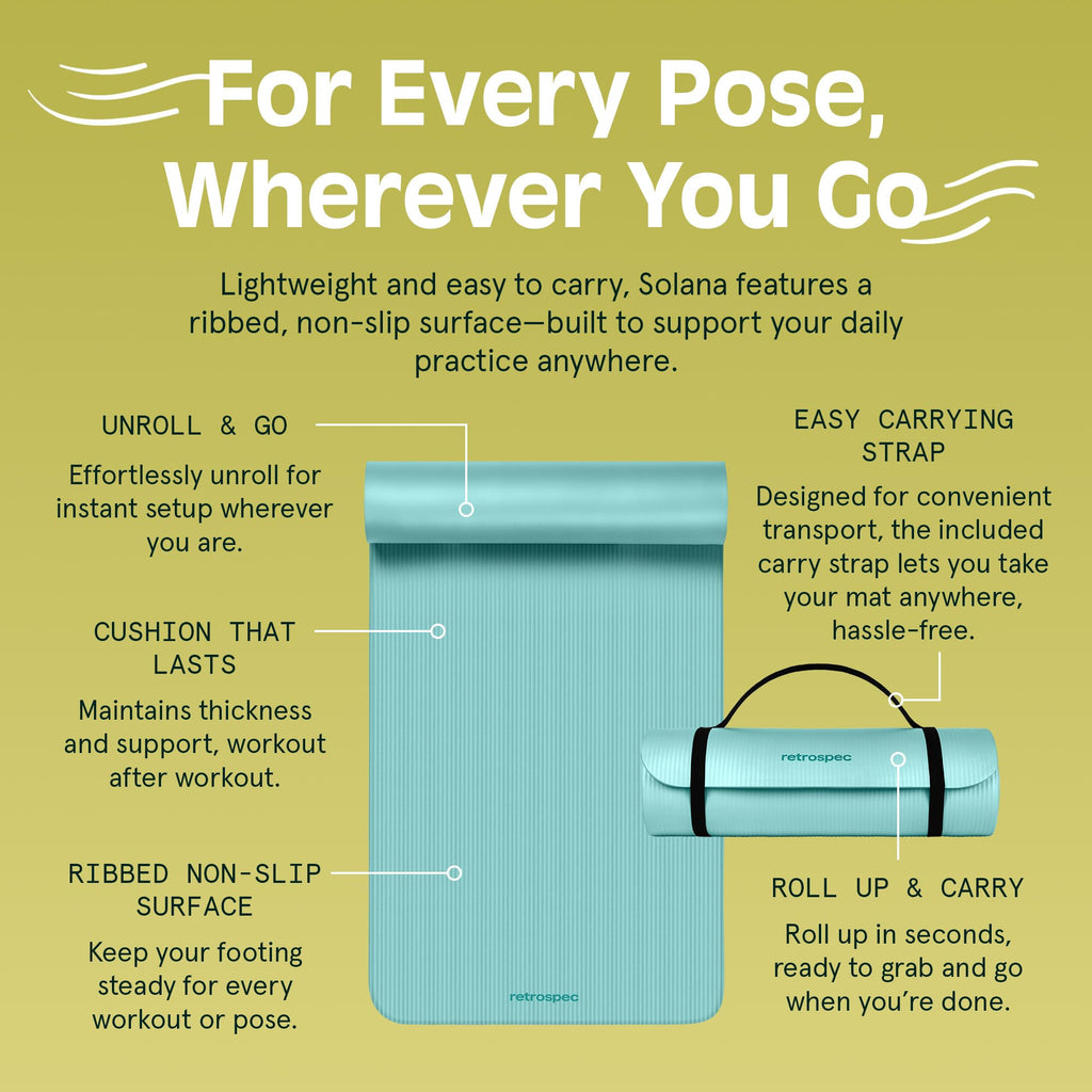 Retrospec Solana yoga mat in blue with ribbed non-slip surface and easy carrying strap for travel