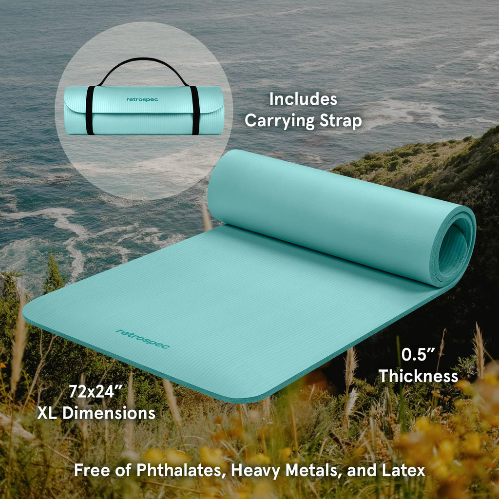 Retrospec Solana yoga mat in teal color showing 0.5 inch thickness and 72 by 24 inch size with carrying strap included