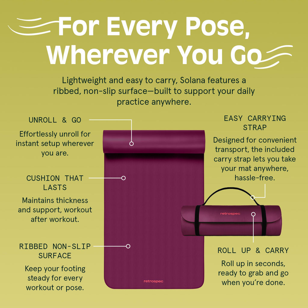 Retrospec Solana yoga mat in burgundy with ribbed non-slip surface and easy carrying strap