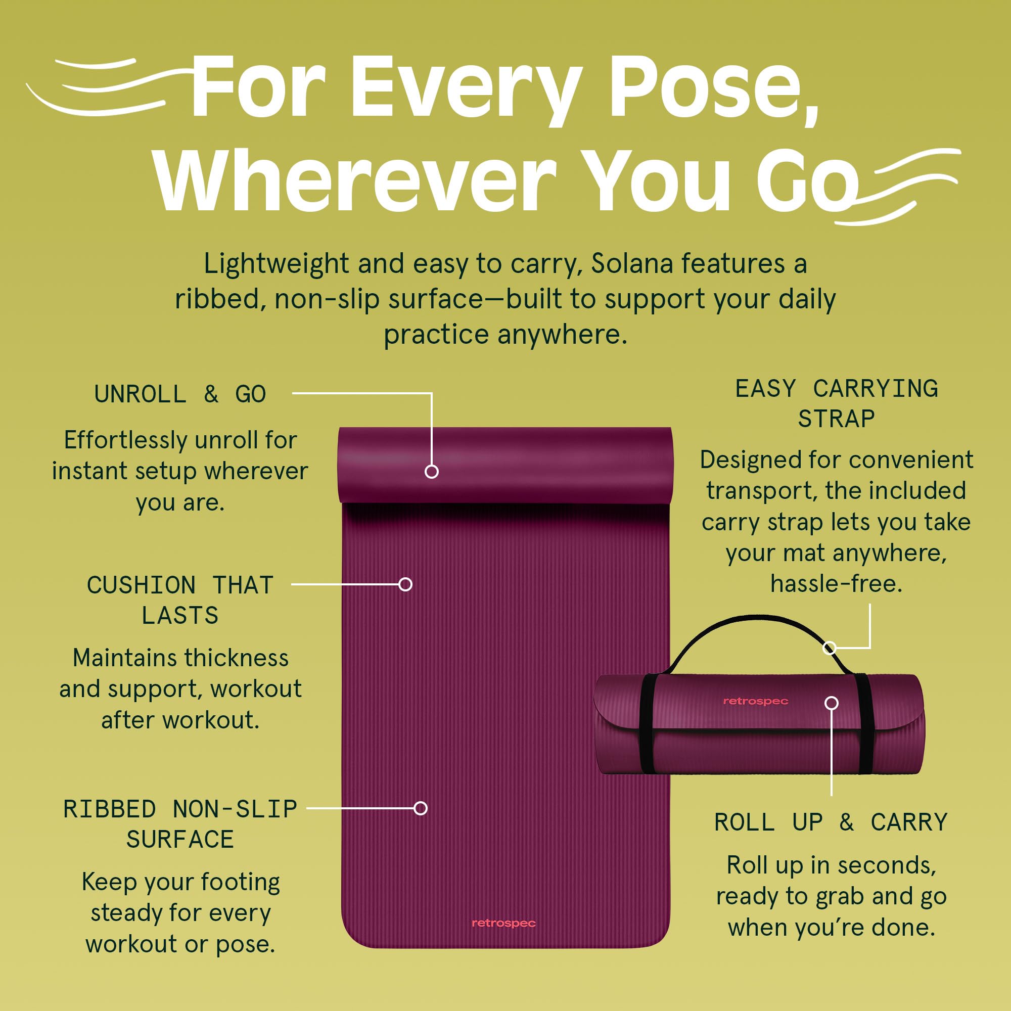 Retrospec Solana yoga mat in burgundy with ribbed non-slip surface and easy carrying strap