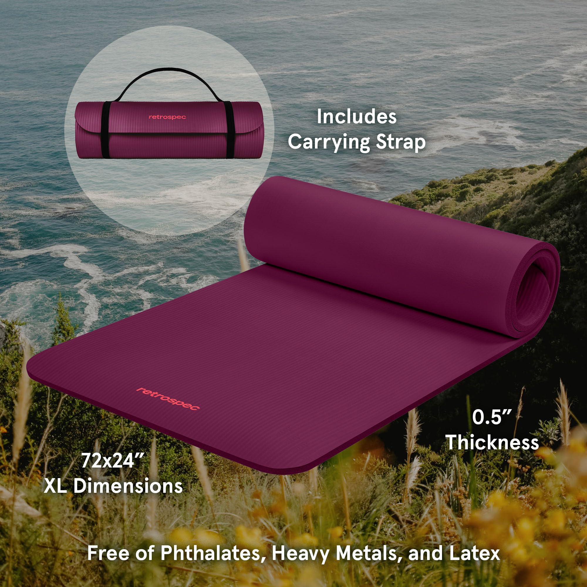 Retrospec Solana yoga mat in purple with 0.5 inch thickness and carrying strap, outdoor nature background