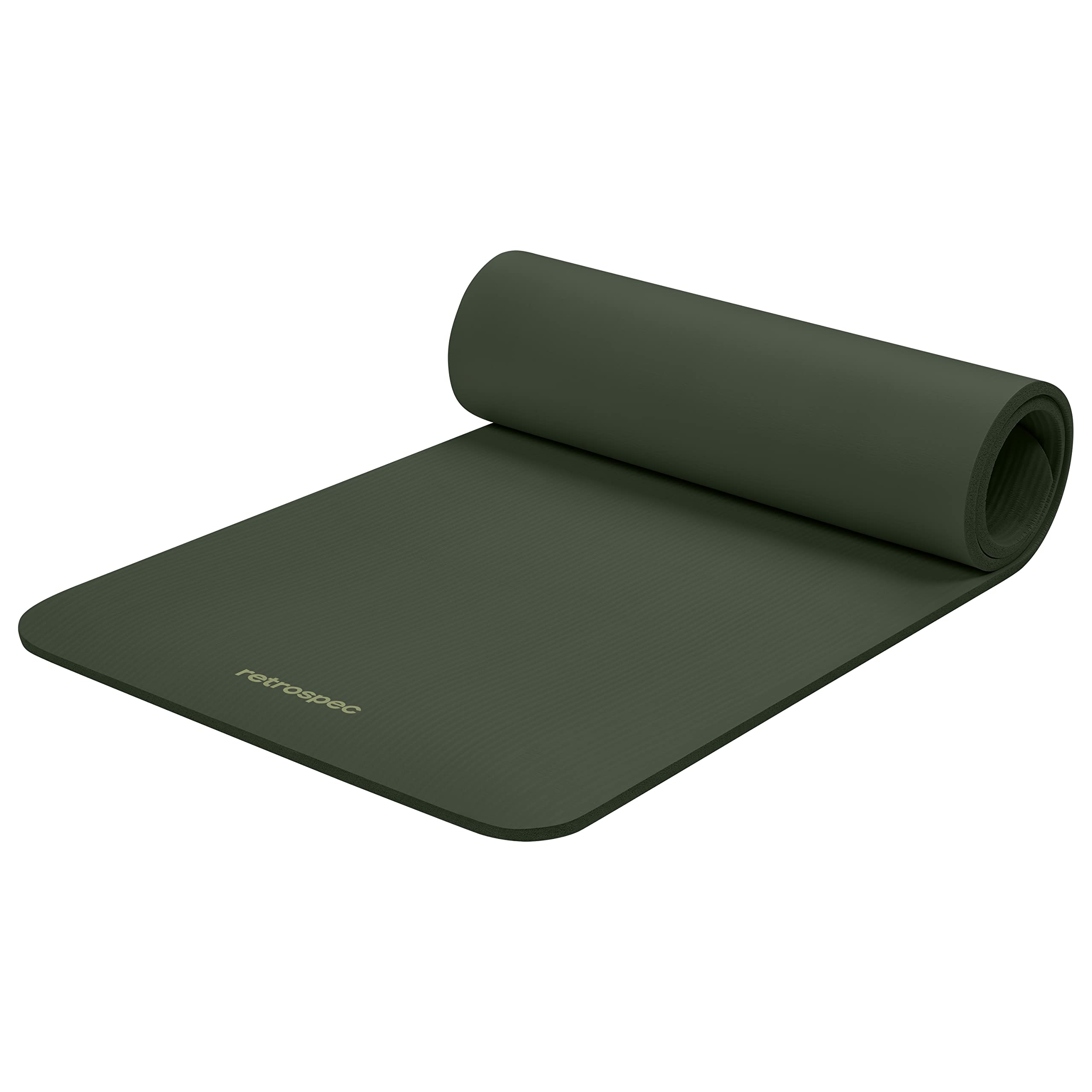 Craques Retrospec Solana yoga mat in dark green partially rolled up for exercise