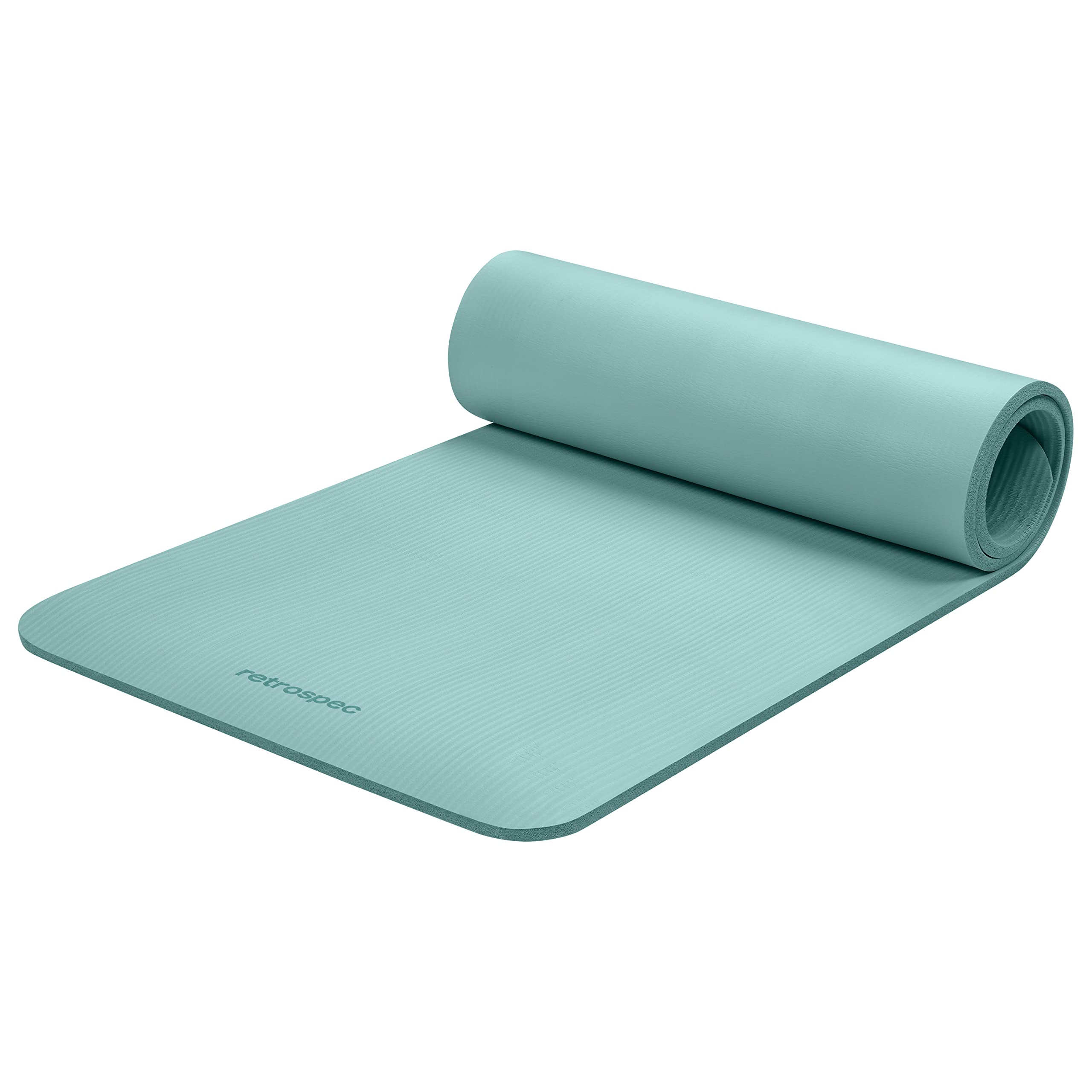 Light blue Retrospec Solana yoga mat partially rolled with textured surface for grip