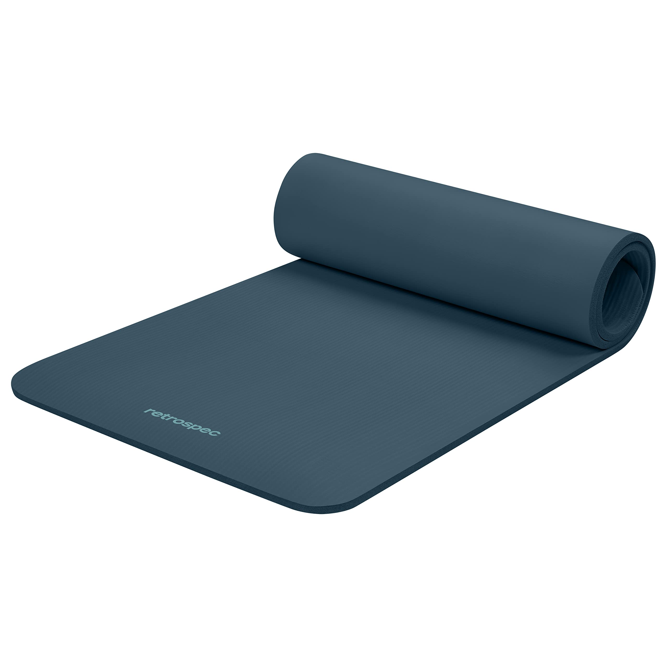 Dark blue Retrospec Solana yoga mat partially rolled with textured surface for better grip