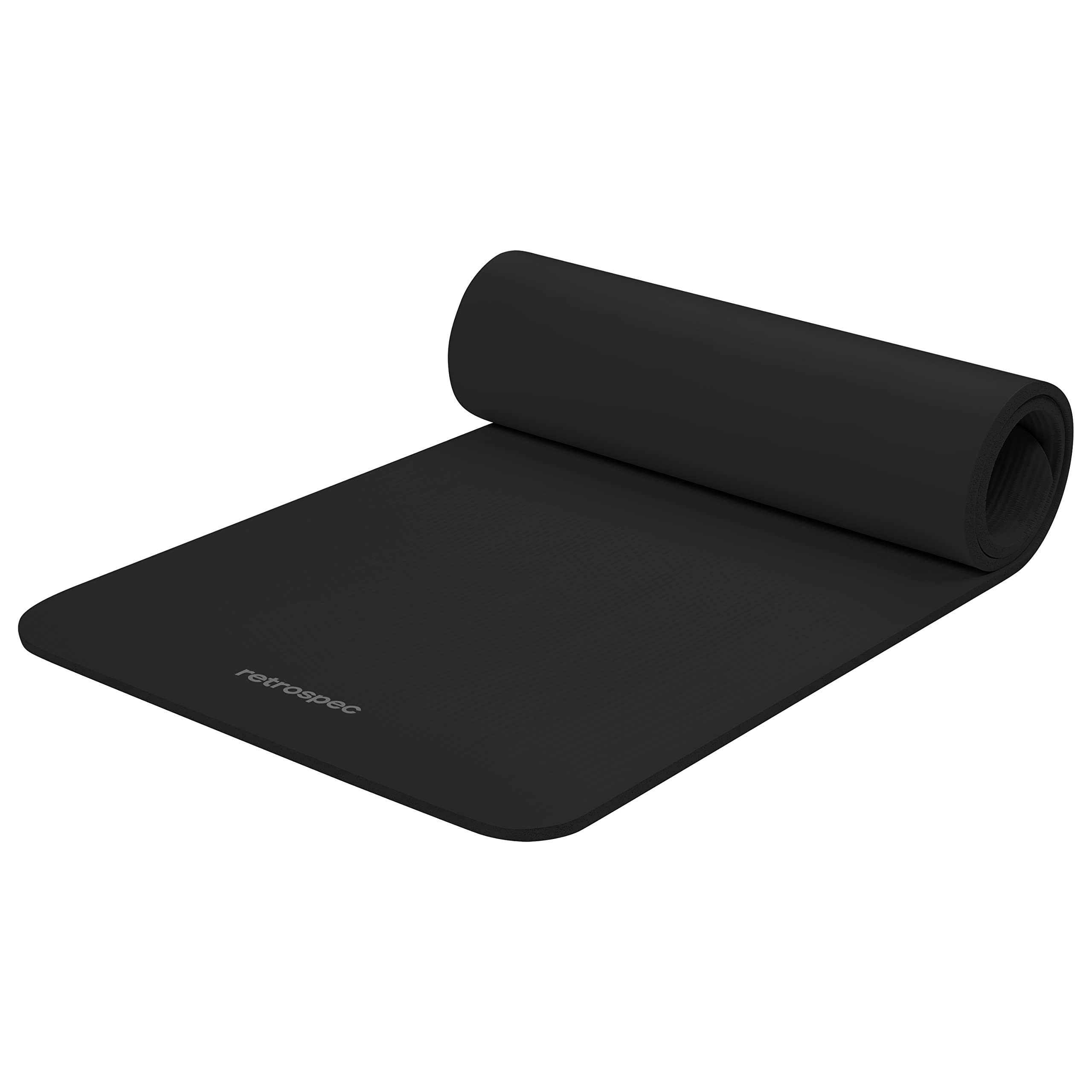 Black Retrospec Solana yoga mat partially rolled with logo visible on surface