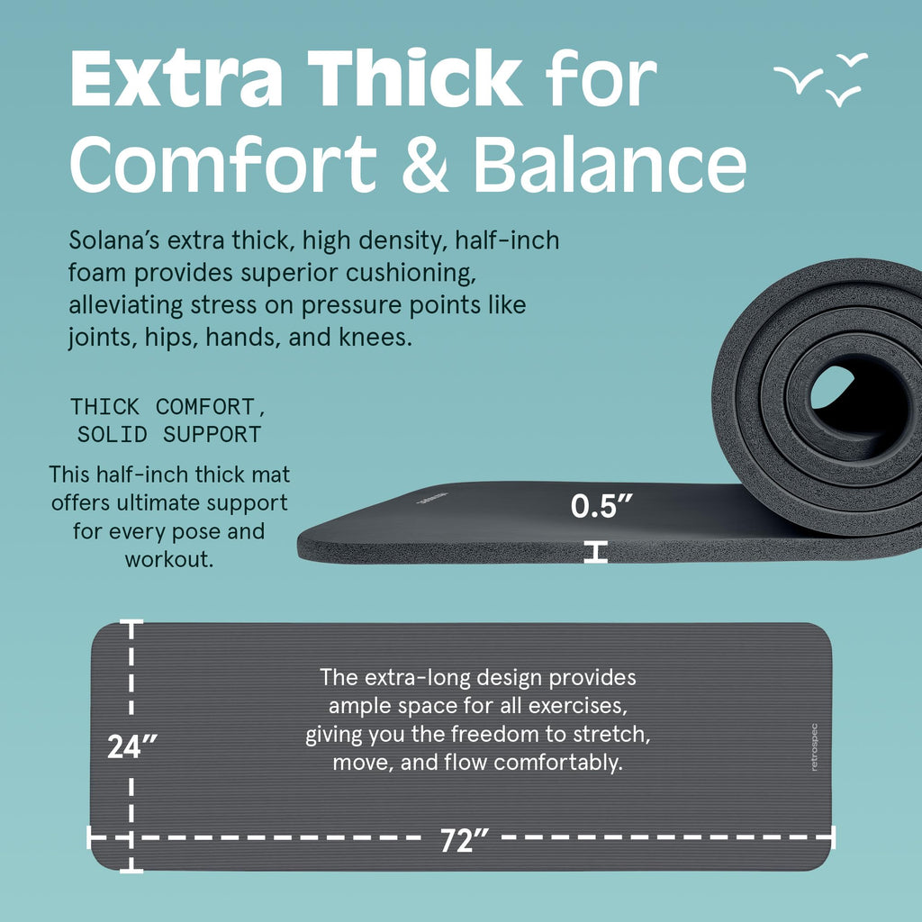 Retrospec Solana yoga mat in black with extra thick half inch cushioning and 72 by 24 inch size