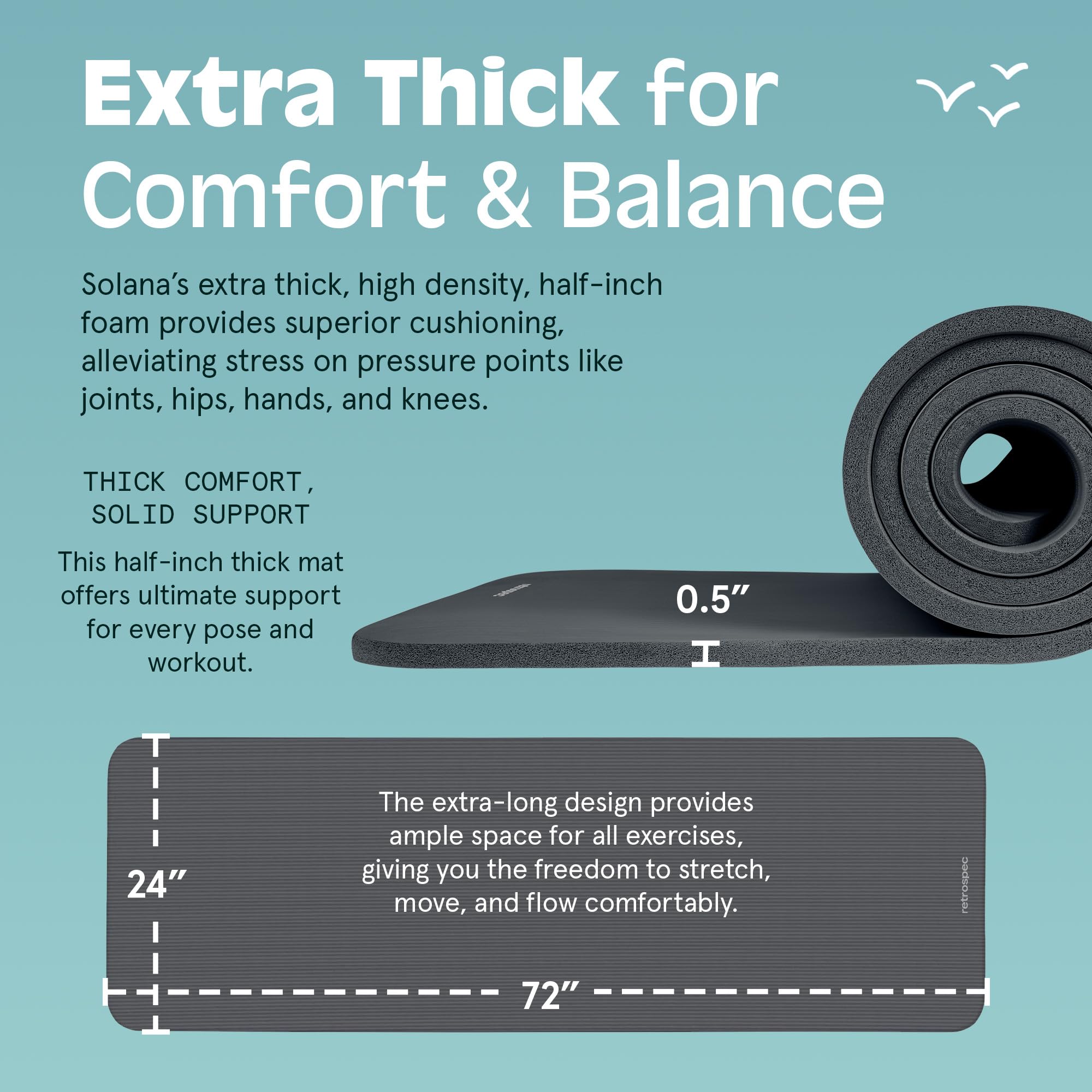 Retrospec Solana yoga mat in black with extra thick half inch cushioning and 72 by 24 inch size