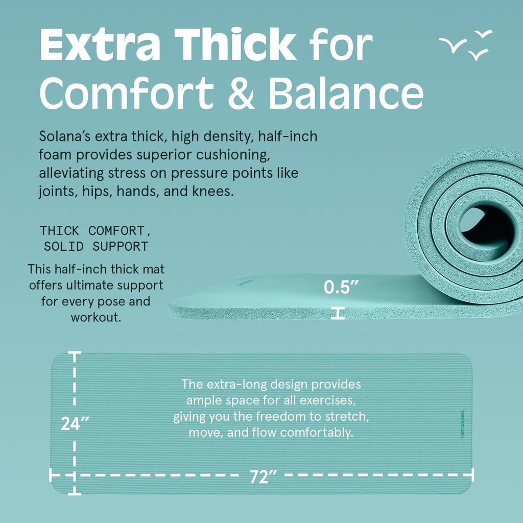 Retrospec Solana yoga mat extra thick 0.5 inch cushion with 24 by 72 inches size for comfort and balance