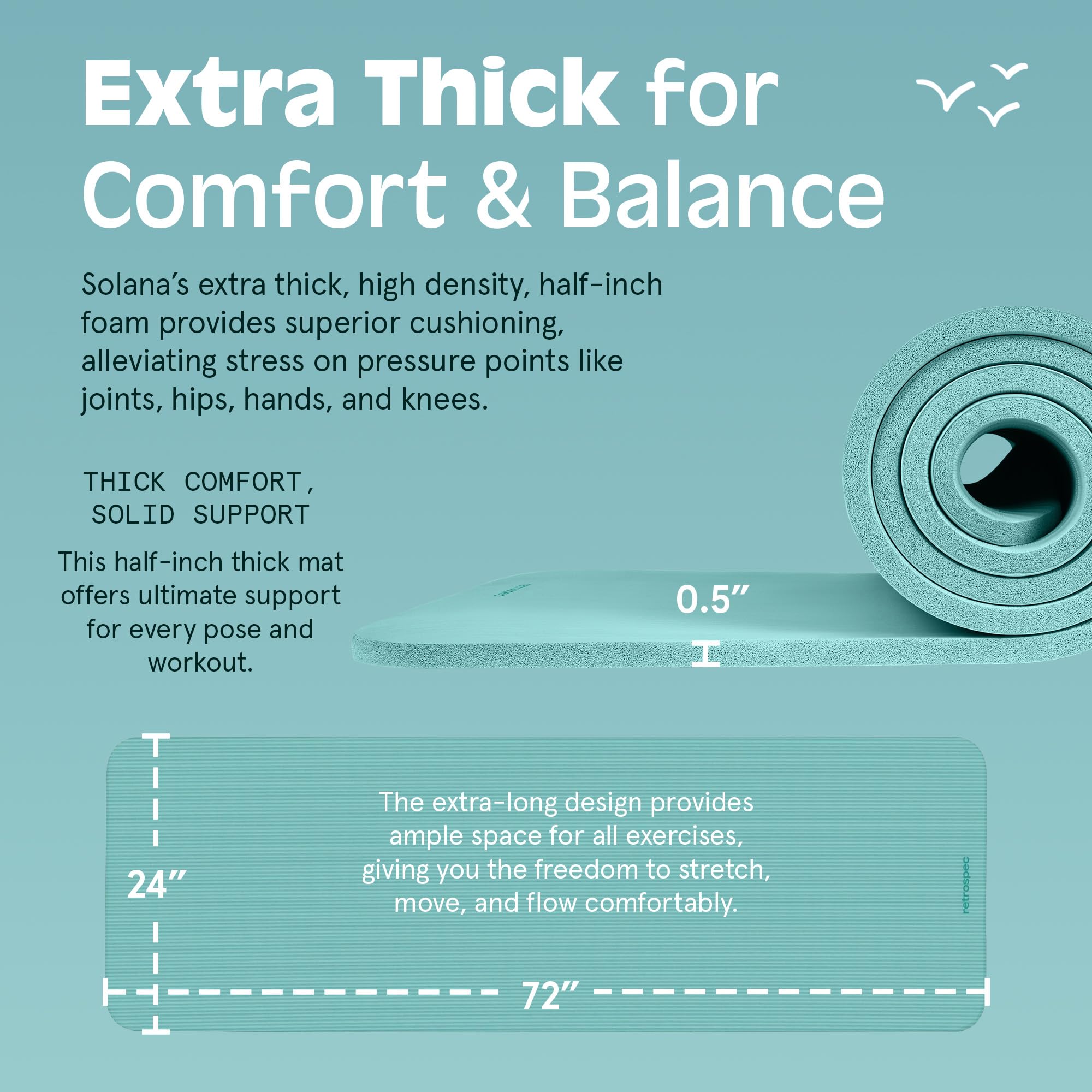 Retrospec Solana yoga mat extra thick 0.5 inch cushion with 24 by 72 inches size for comfort and balance