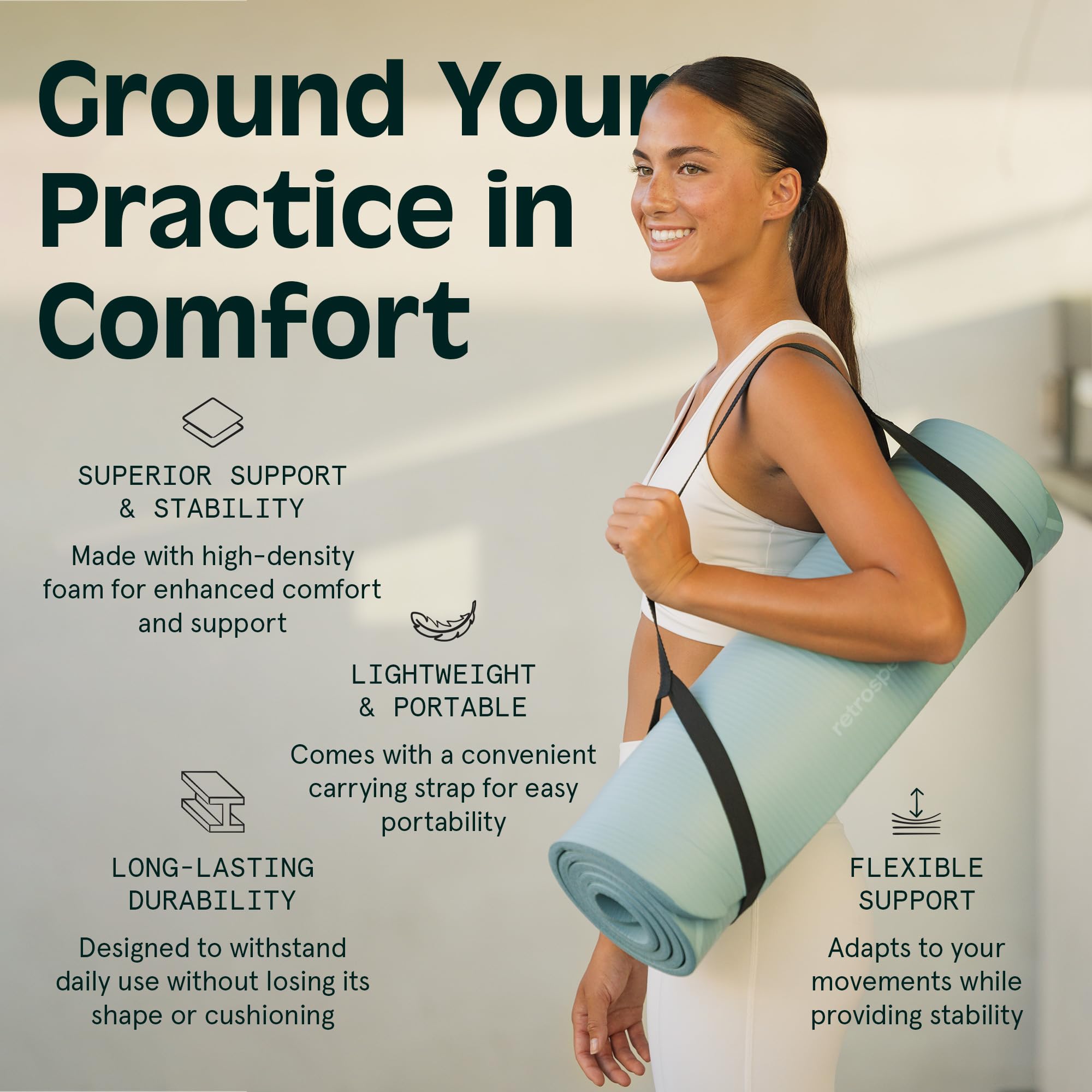 Woman carrying Retrospec Solana yoga mat with carrying strap demonstrating lightweight and durable design