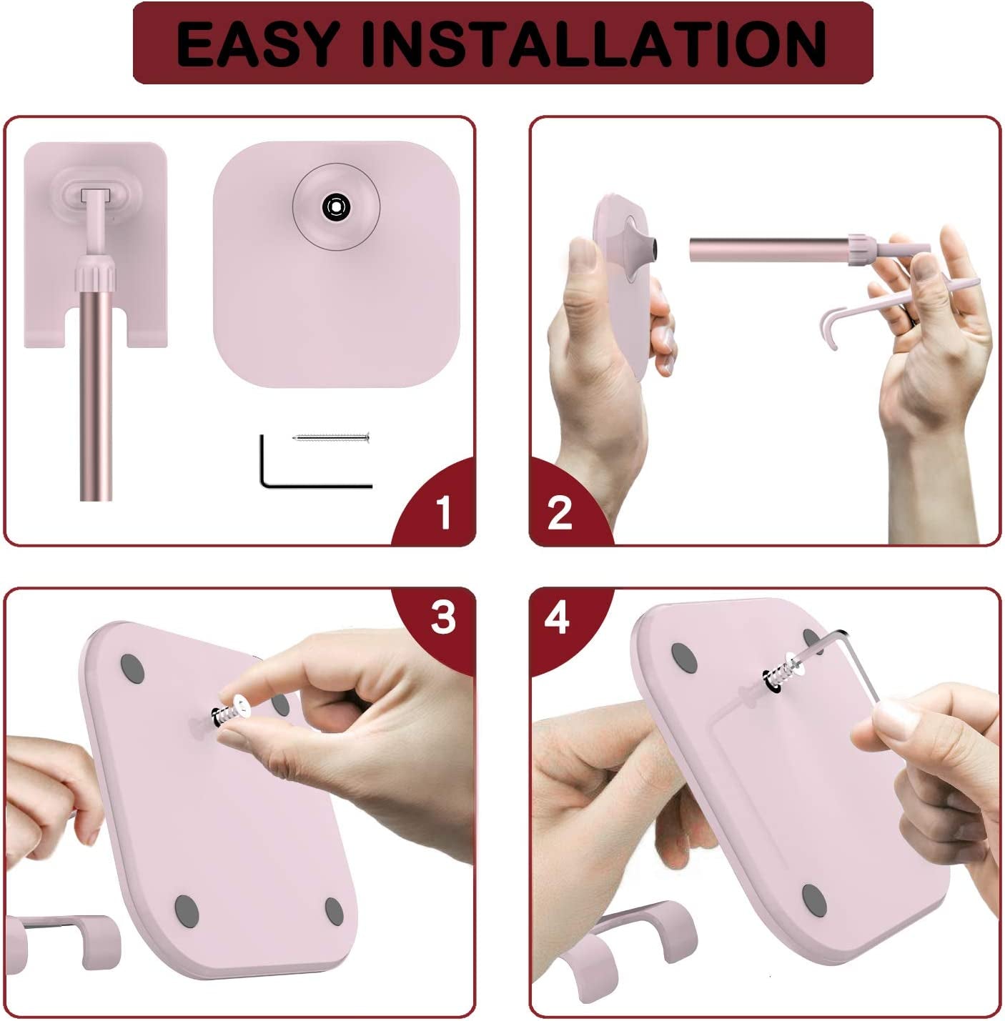 Step-by-step easy installation process of craques adjustable cell phone stand for desk in pink color