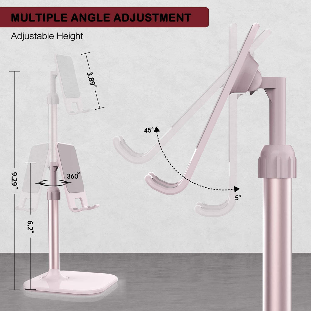 Adjustable cell phone stand for desk in pink with multiple angle and height adjustments