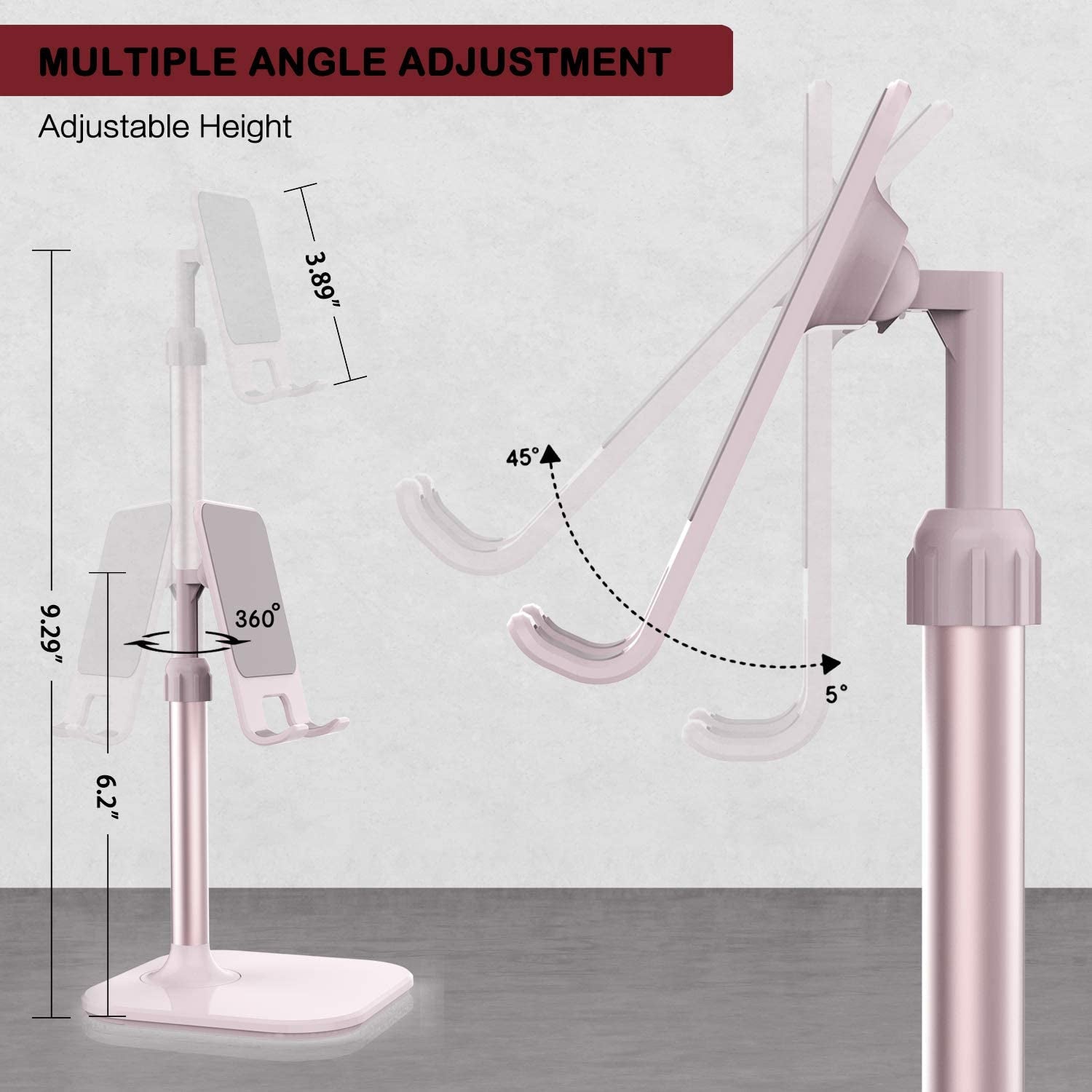 Adjustable cell phone stand for desk in pink with multiple angle and height adjustments