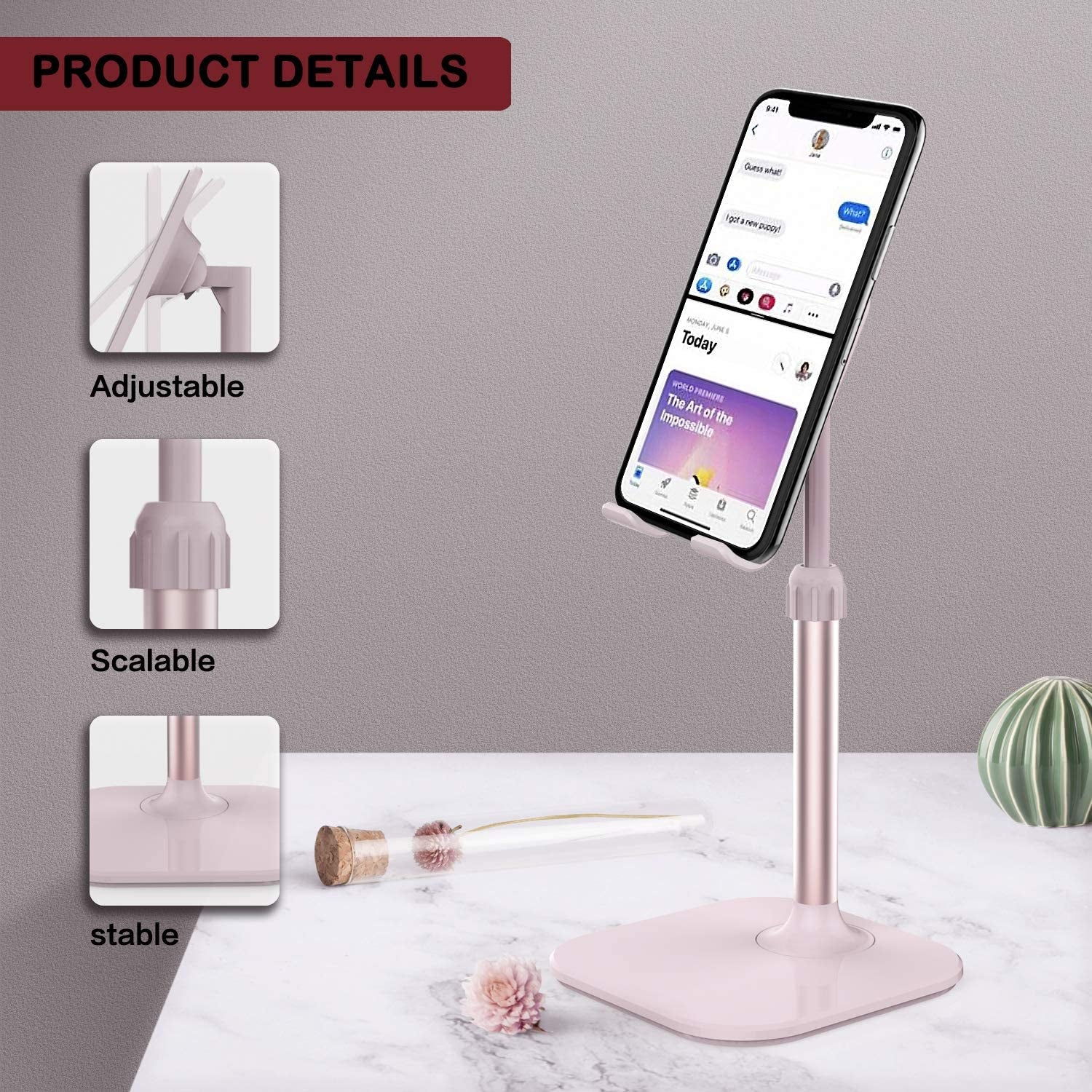 Adjustable cell phone stand for desk in rose gold holding a smartphone with stable base and scalable height