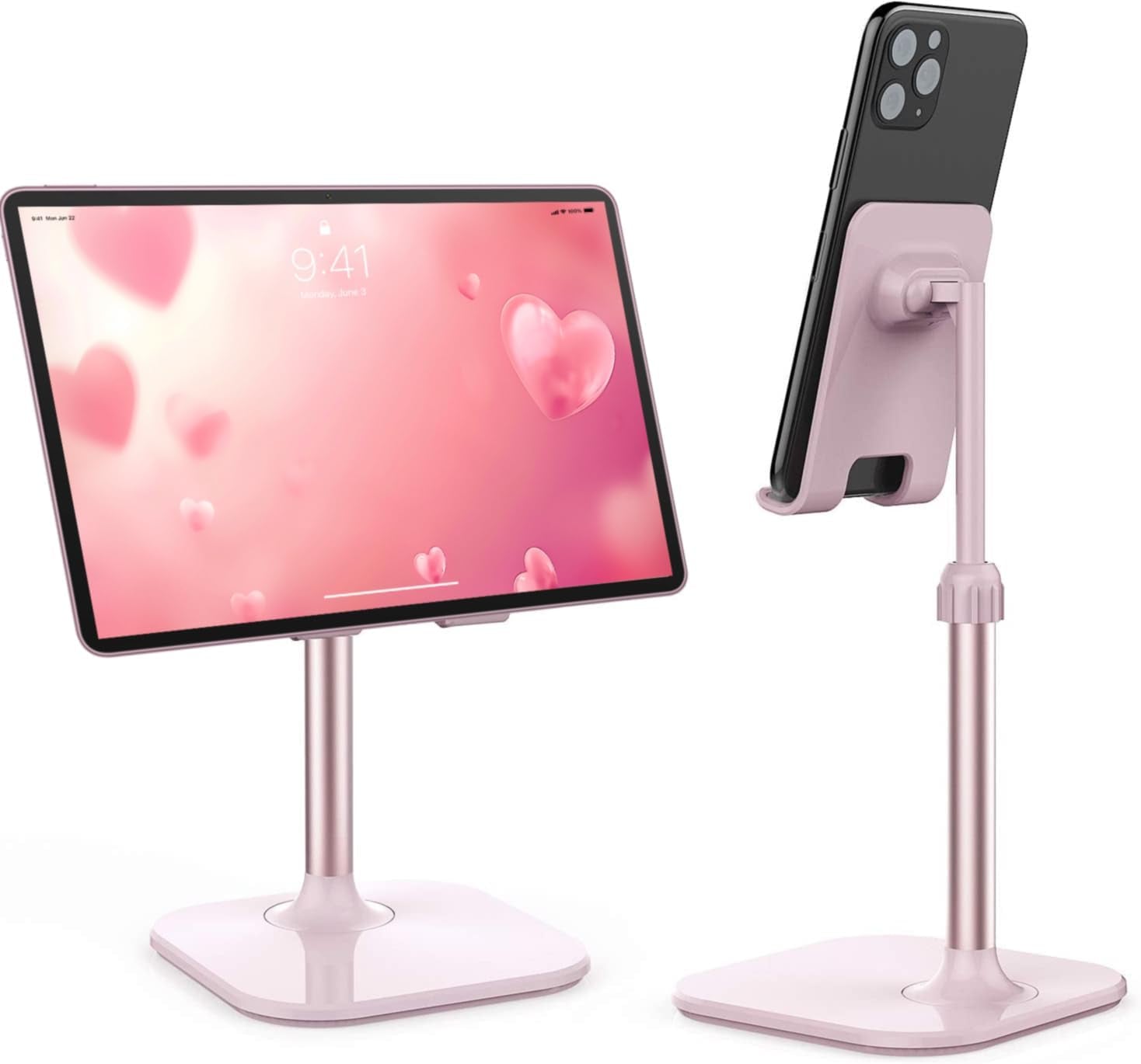 Craques adjustable cell phone stand for desk in pink holding smartphone and tablet