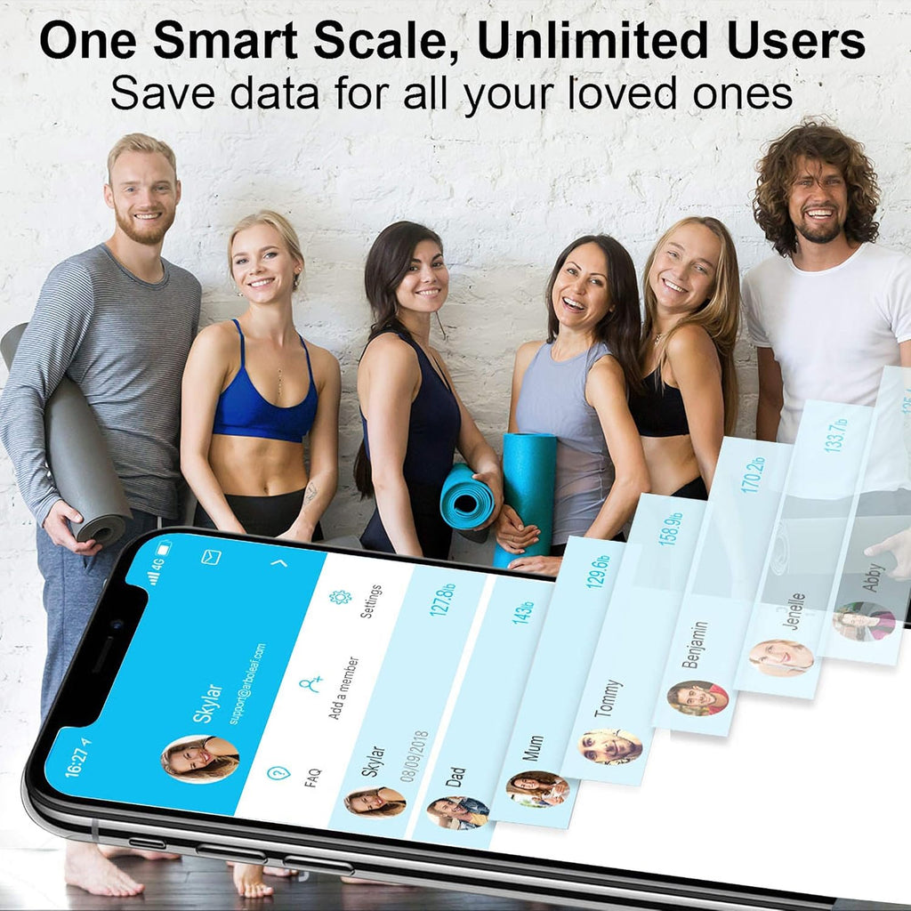 Smart digital body fat scale app showing multiple user profiles and data for family health tracking