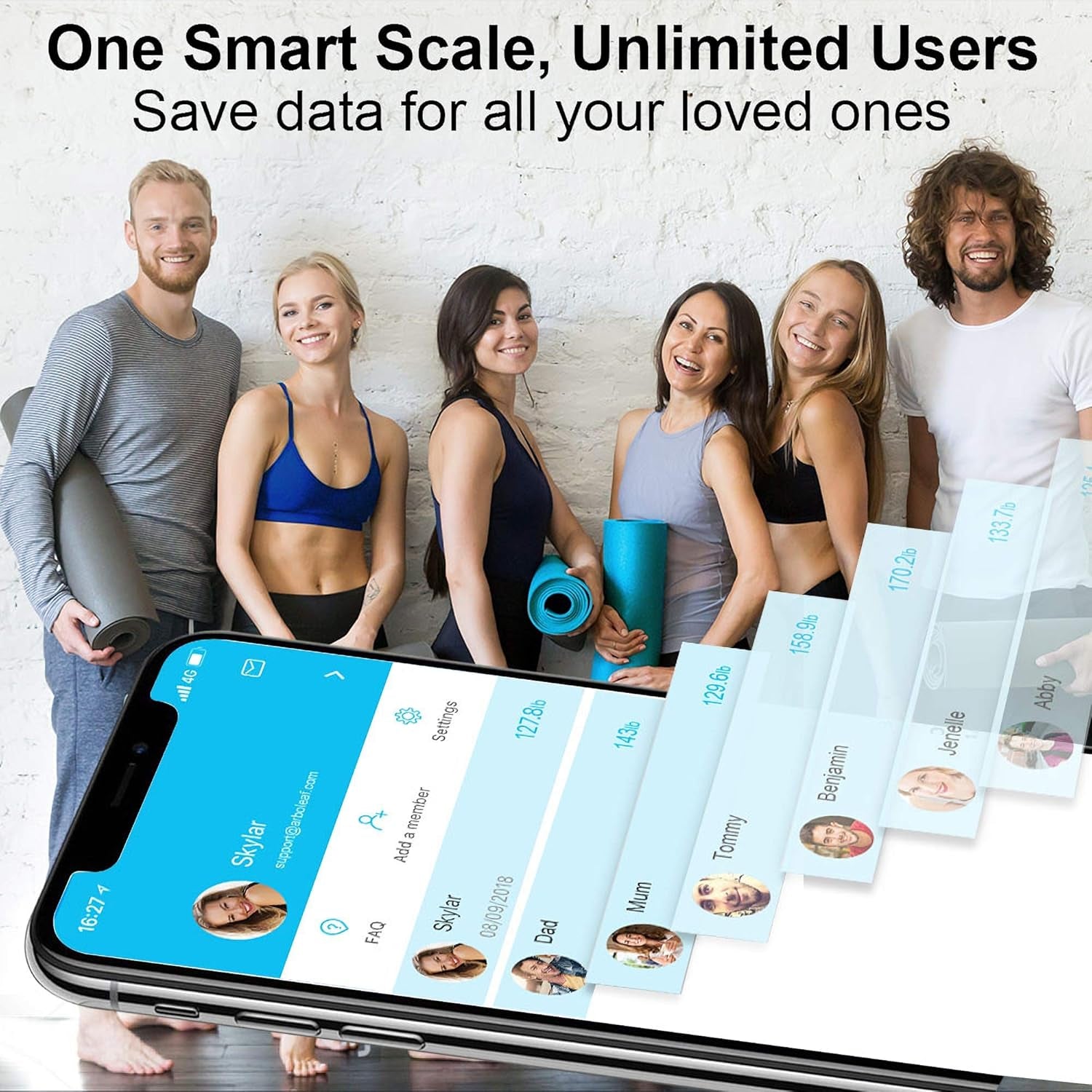 Smart digital body fat scale app showing multiple user profiles and data for family health tracking