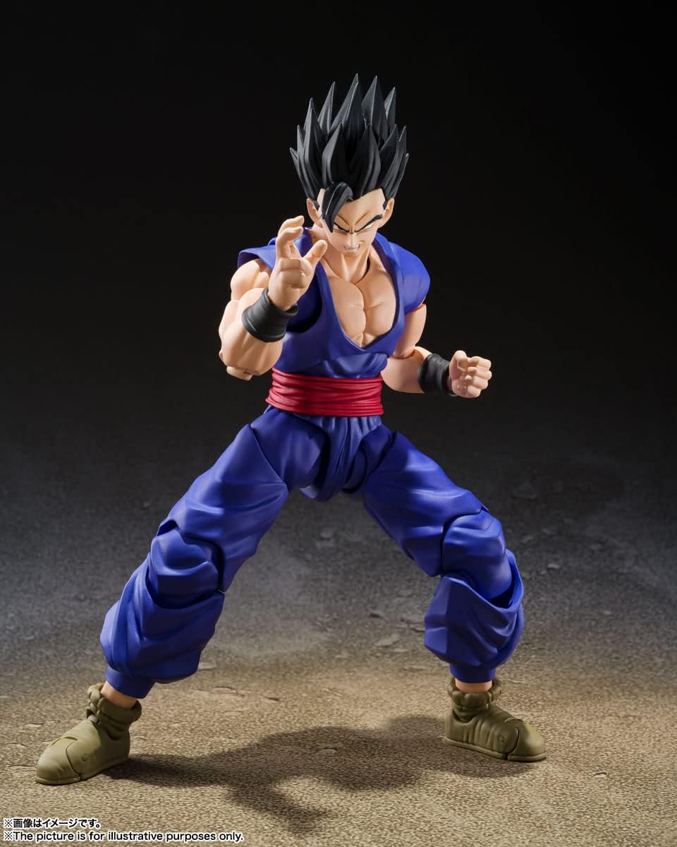 S.H. Figuarts Ultimate Gohan figure in blue outfit with black spiky hair and red belt posed for action