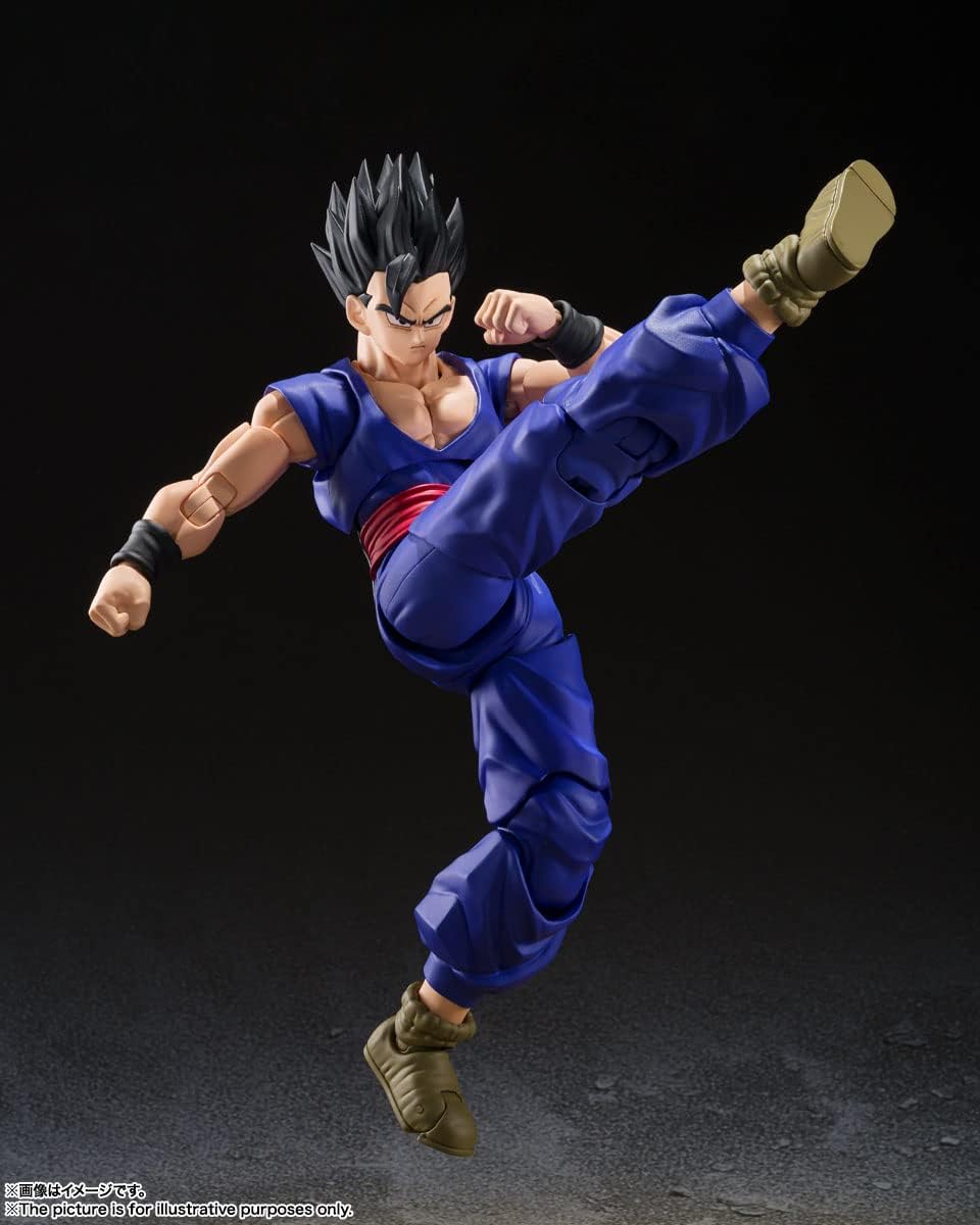 S.H. Figuarts Ultimate Gohan figure in blue outfit performing a high kick pose on black background