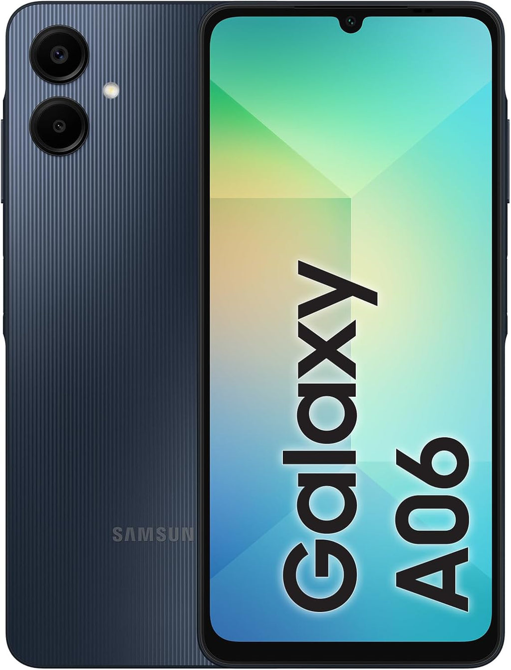 Samsung Galaxy A06 unlocked smartphone front and back view in blue with dual cameras and waterdrop notch display