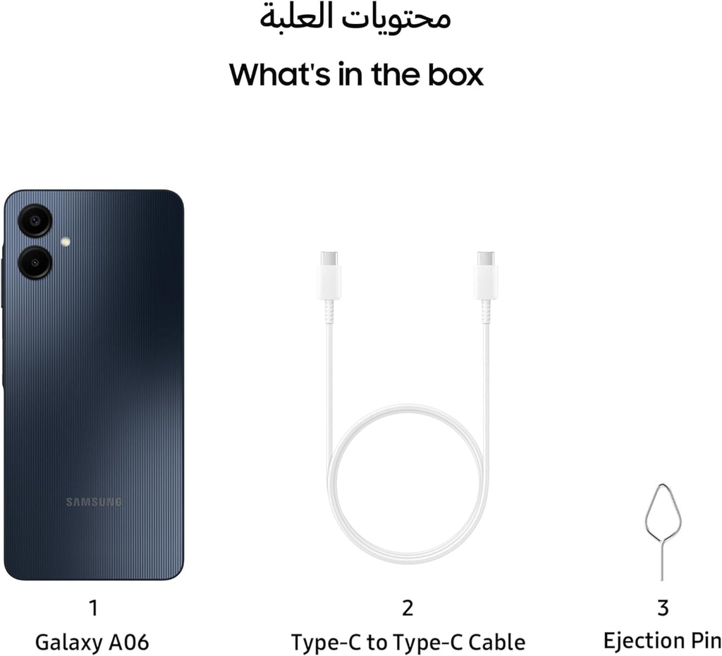 Samsung Galaxy A06 unlocked smartphone with Type-C to Type-C cable and ejector pin included in the box