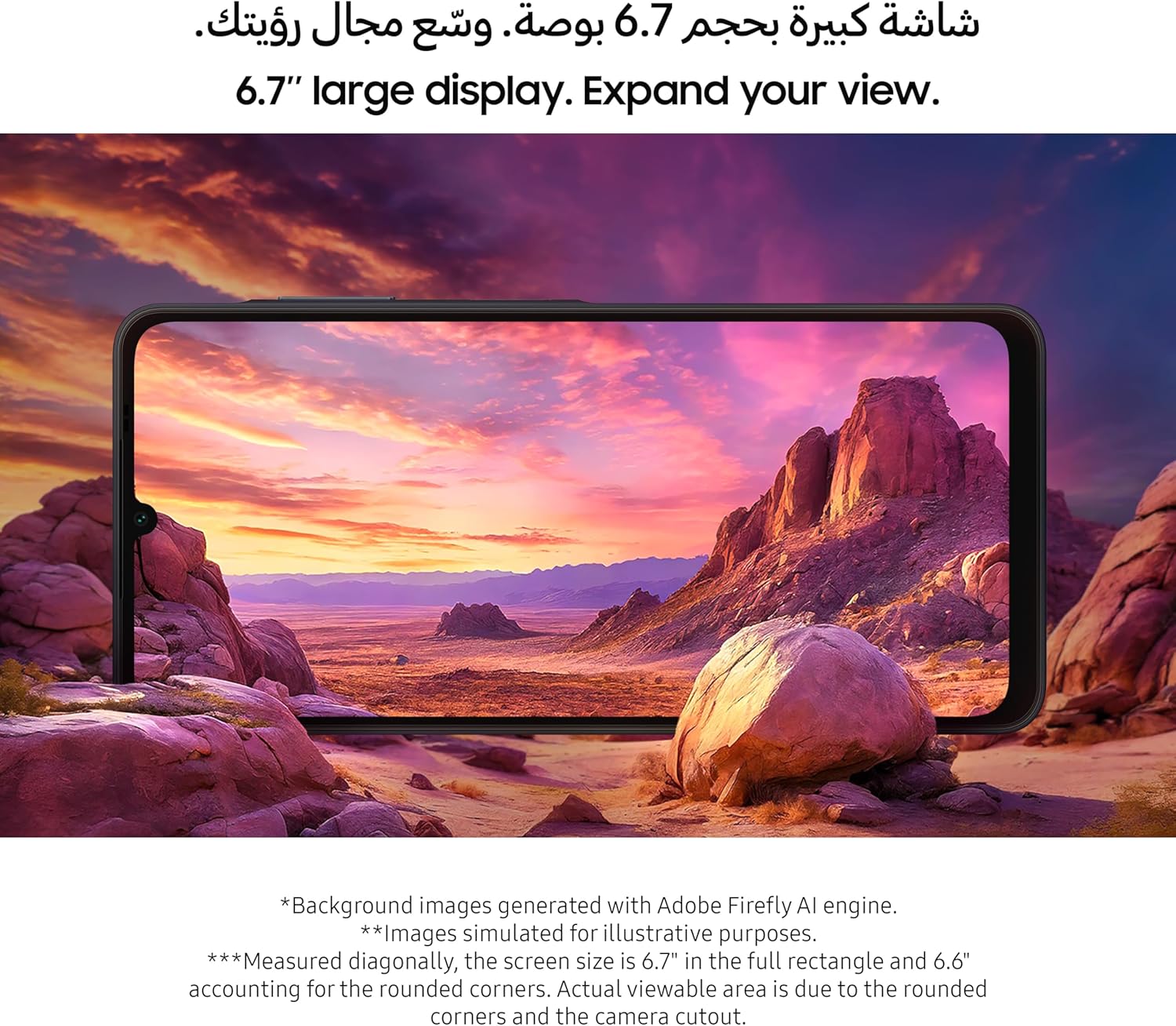 Samsung Galaxy A06 unlocked smartphone displaying vibrant desert landscape on 6.7 inch large display