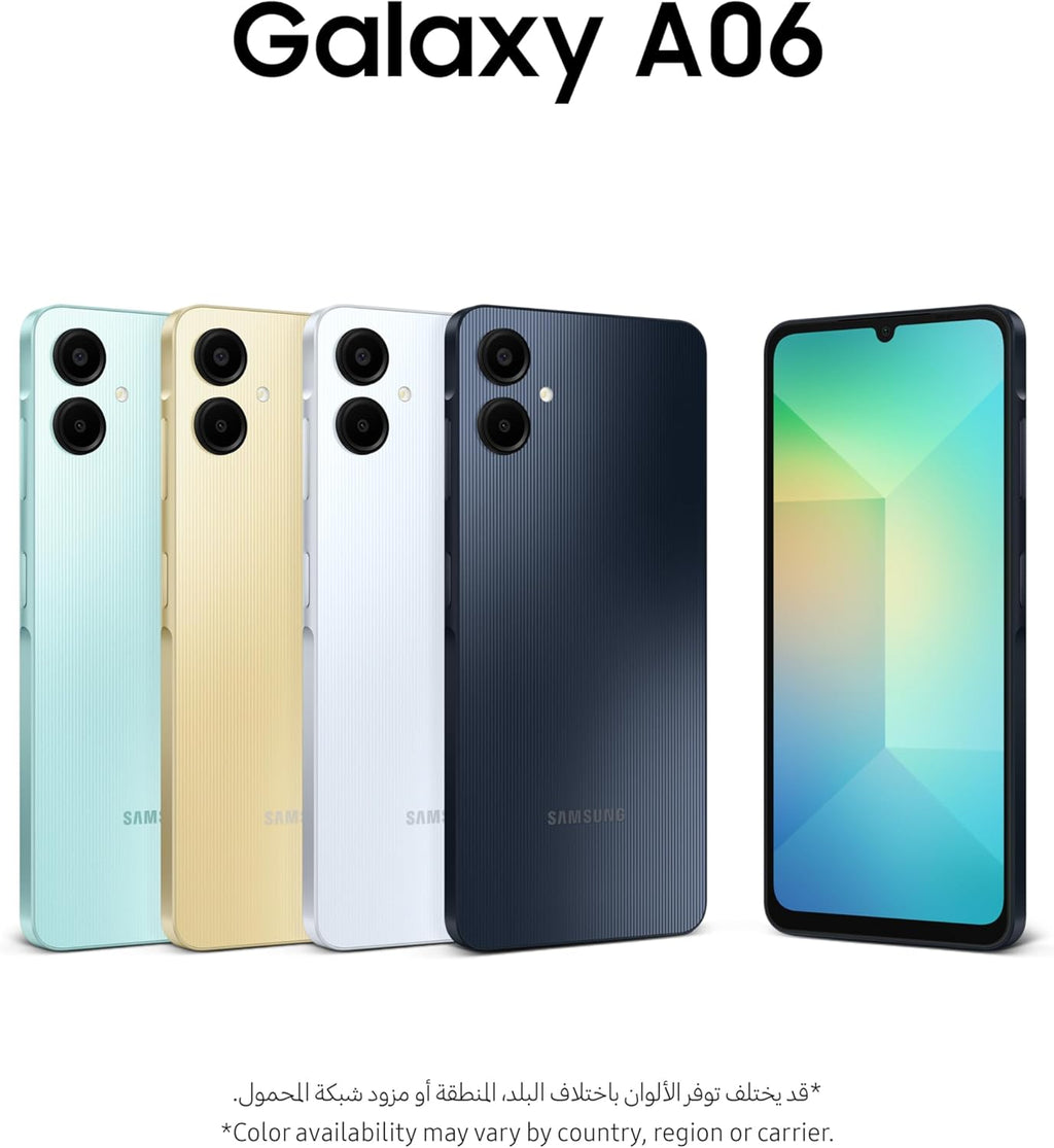 Samsung Galaxy A06 unlocked smartphone shown in multiple colors including black, white, gold, and blue with front and back view