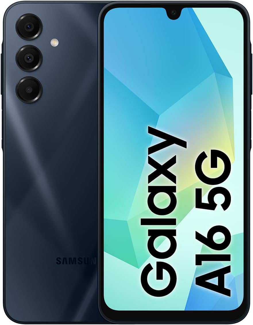 Samsung Galaxy A16 5G unlocked phone in dark blue with triple rear cameras and waterdrop notch display