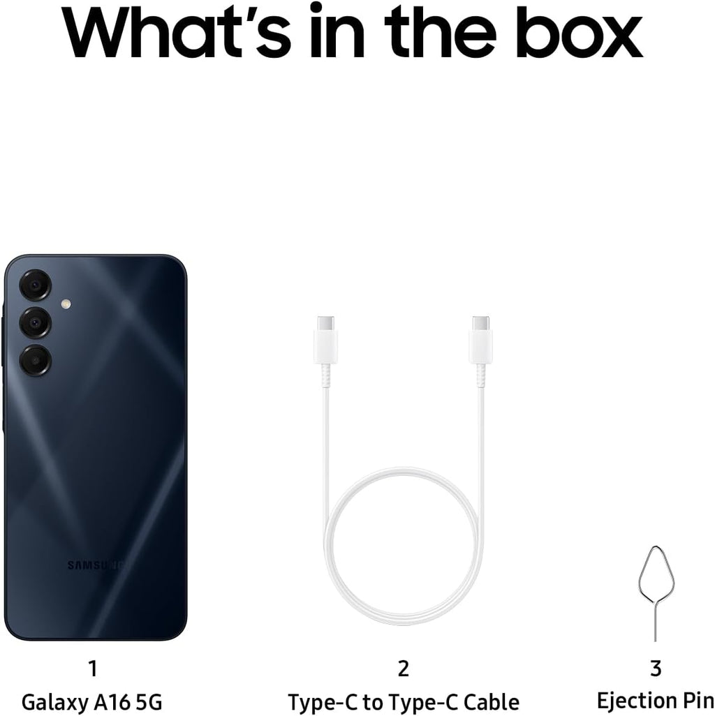 Samsung Galaxy A16 5G unlocked phone with Type-C to Type-C charging cable and SIM card ejection pin