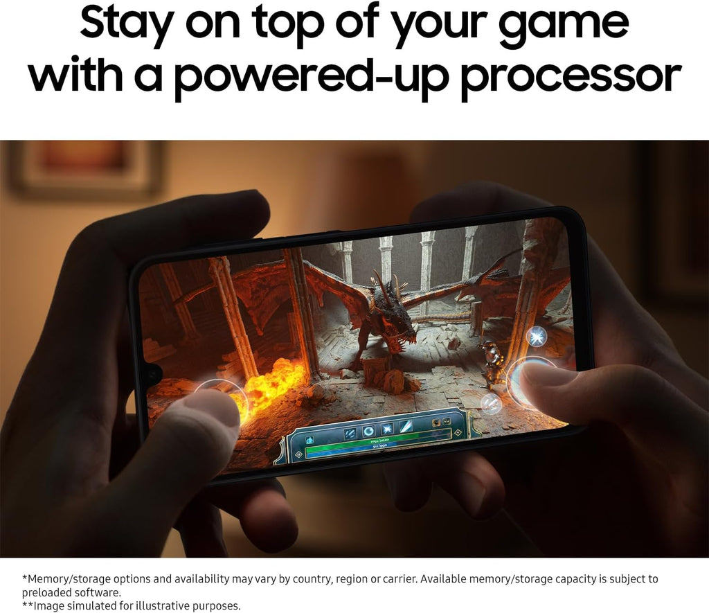 Hands holding Samsung Galaxy A16 5G unlocked phone playing a dragon video game with powered-up processor