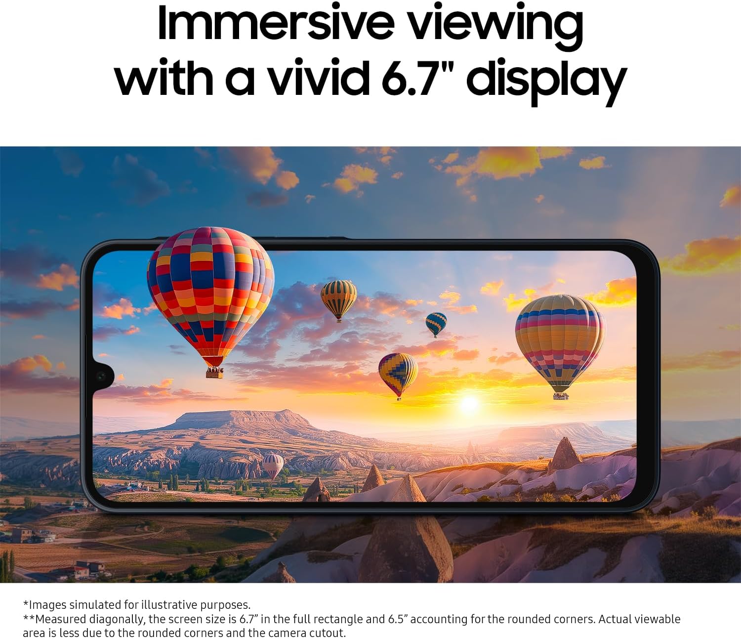 Samsung Galaxy A16 5G unlocked phone displaying vivid 6.7 inch immersive viewing with hot air balloons