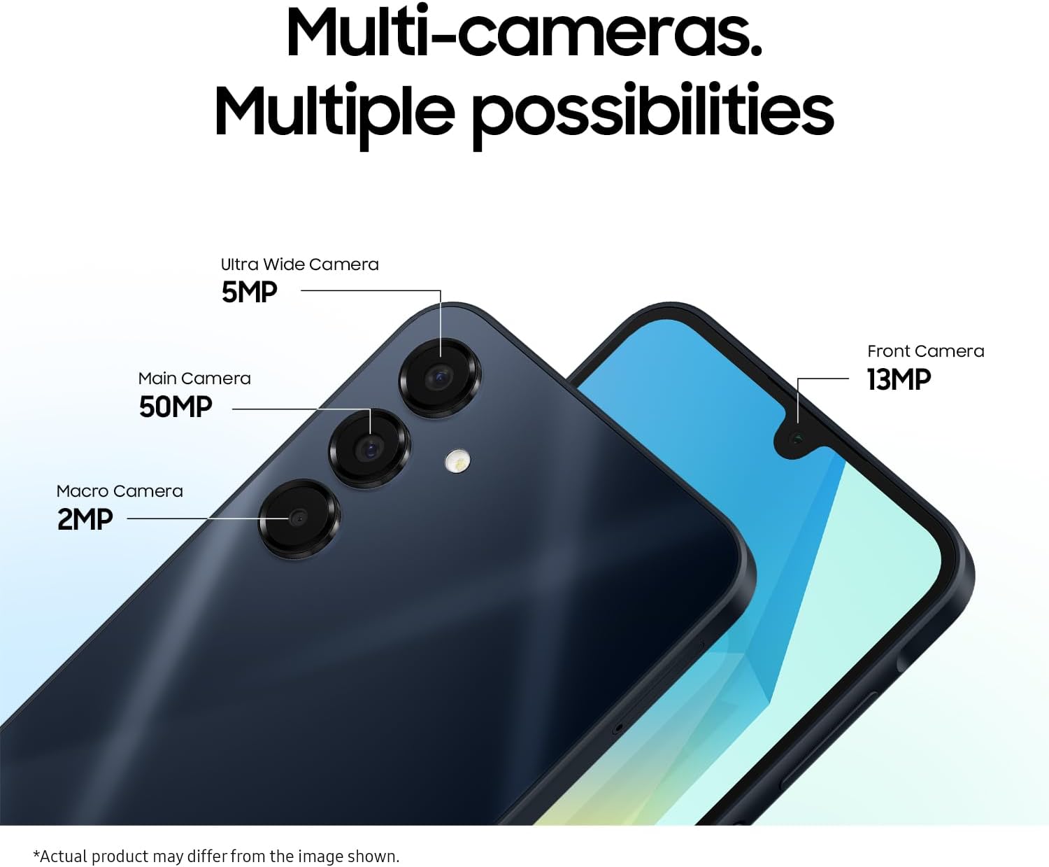 Samsung Galaxy A16 5G unlocked phone showing multi-camera setup with 50MP main and 13MP front cameras