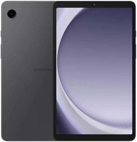 Samsung Galaxy Tab A9 8.7 inch tablet in black showing front display and rear camera