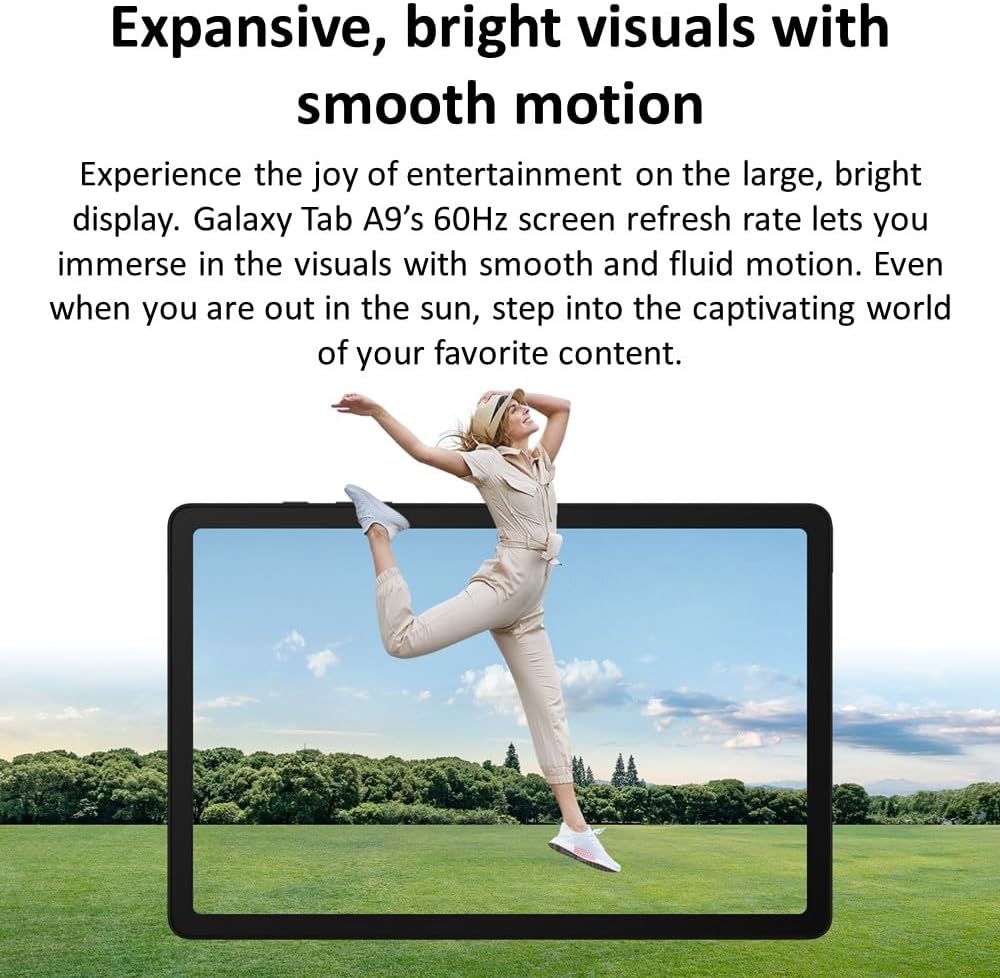 Samsung Galaxy Tab A9 8.7 inch tablet displaying vibrant outdoor scene with dancing woman