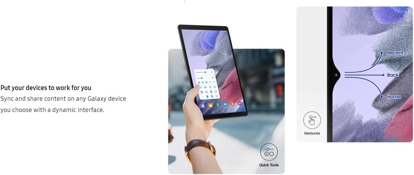Samsung Galaxy Tab A9 8.7 inch tablet held in hand showing dynamic interface and gesture controls