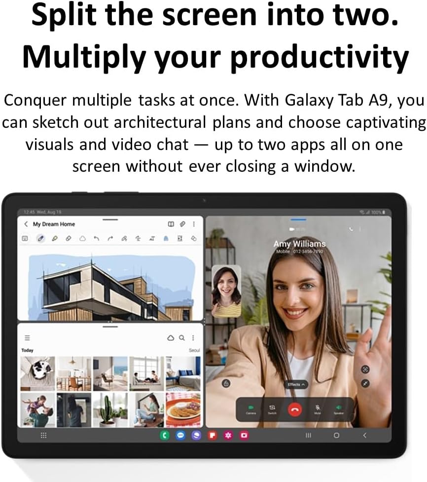 Samsung Galaxy Tab A9 8.7 inch tablet displaying split screen with architectural sketches and video chat