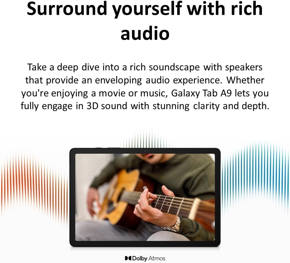 Samsung Galaxy Tab A9 8.7 inch tablet displaying a person playing guitar highlighting rich audio with Dolby Atmos