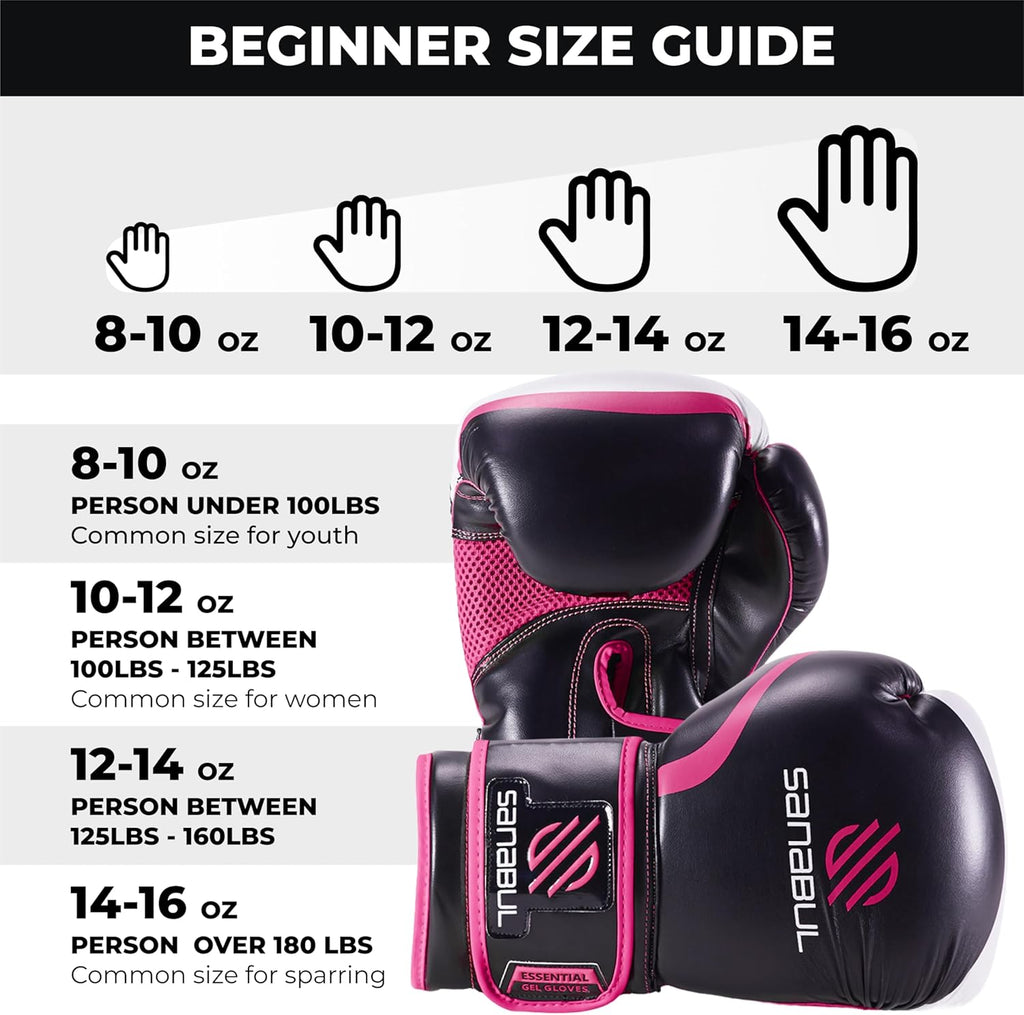 Craques gel boxing gloves for men and women in black and pink with beginner size guide for weight categories