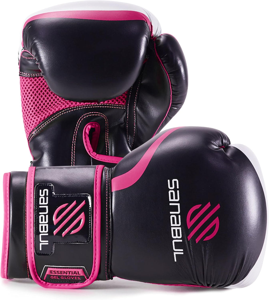 Sanabul gel boxing gloves for men and women in black and pink with adjustable wrist straps