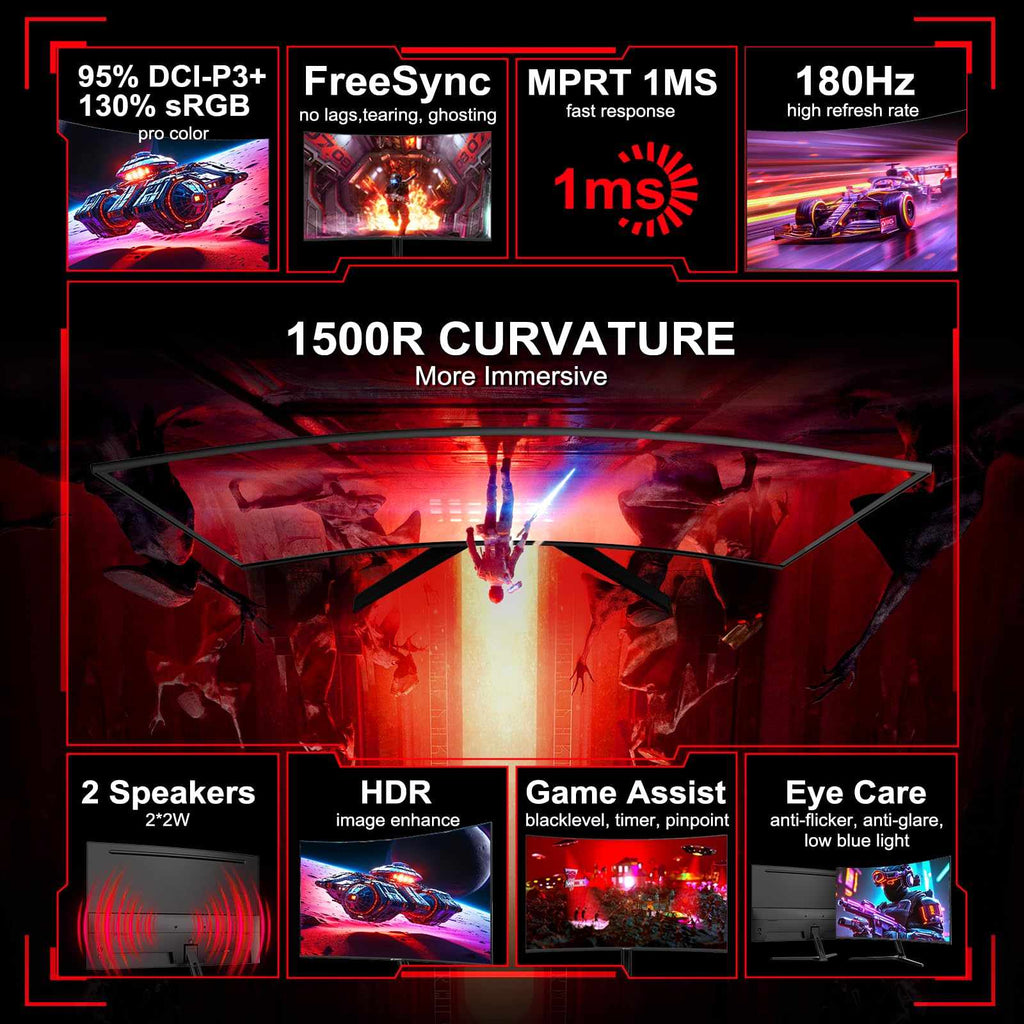 Craques 27 Inch Curved Gaming Monitor 180Hz 1ms 1500R curvature HDR FreeSync with built-in speakers and eye care features