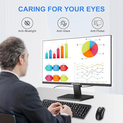 27 inch curved gaming monitor with anti-bluelight anti-glare and anti-flicker features on desk with keyboard and mouse