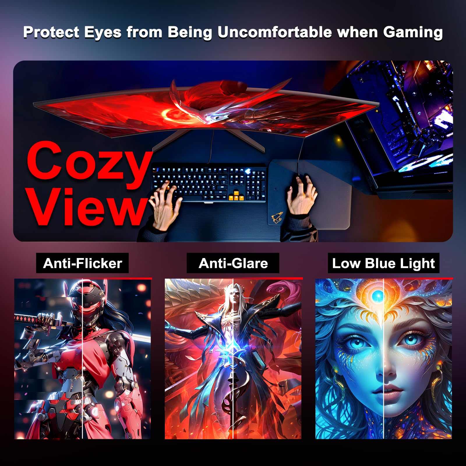 Craques 27 inch curved gaming monitor with anti-flicker, anti-glare, and low blue light features for comfortable long gaming sessions