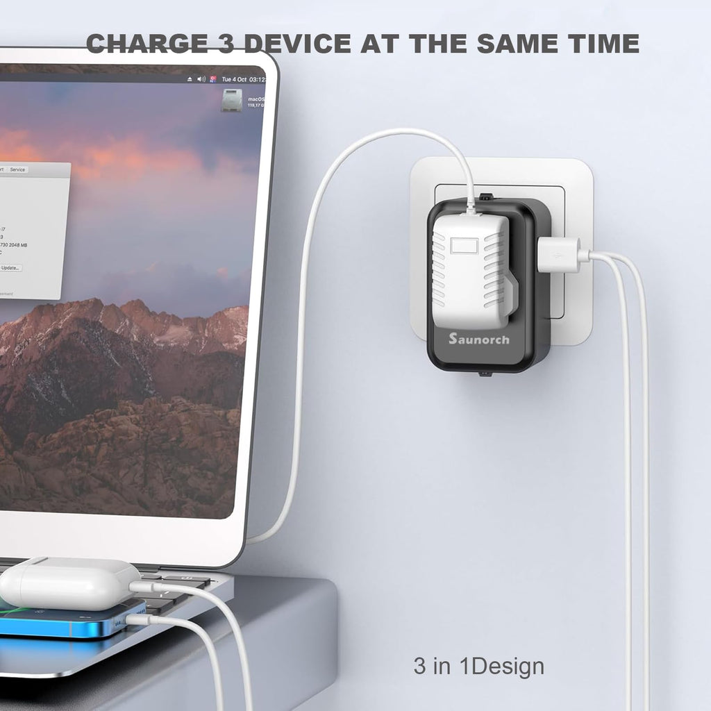 Craques universal travel adapter with USB C charging three devices simultaneously including a tablet and wireless earbuds