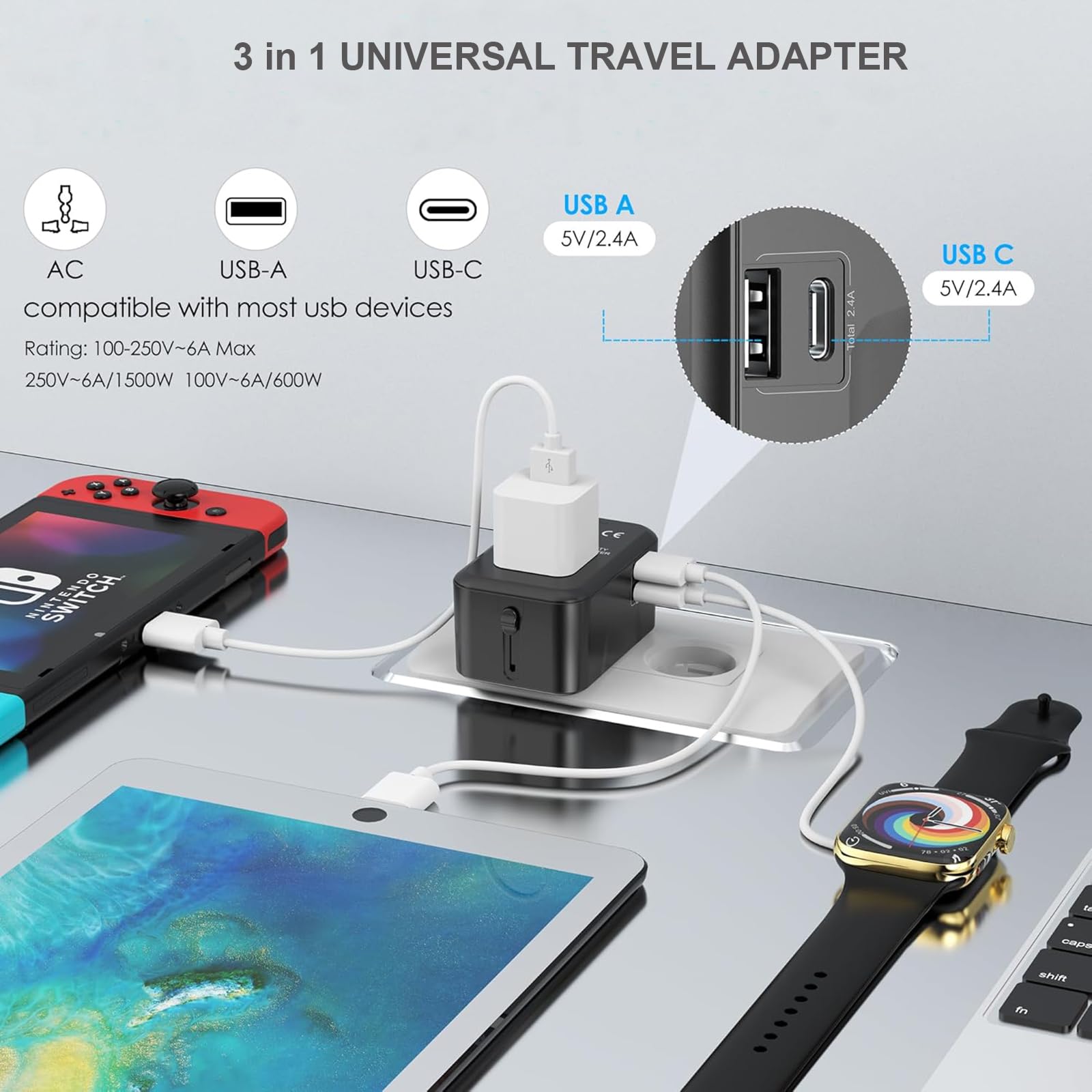 craques universal travel adapter with USB C charging multiple devices including tablet smartwatch and gaming console