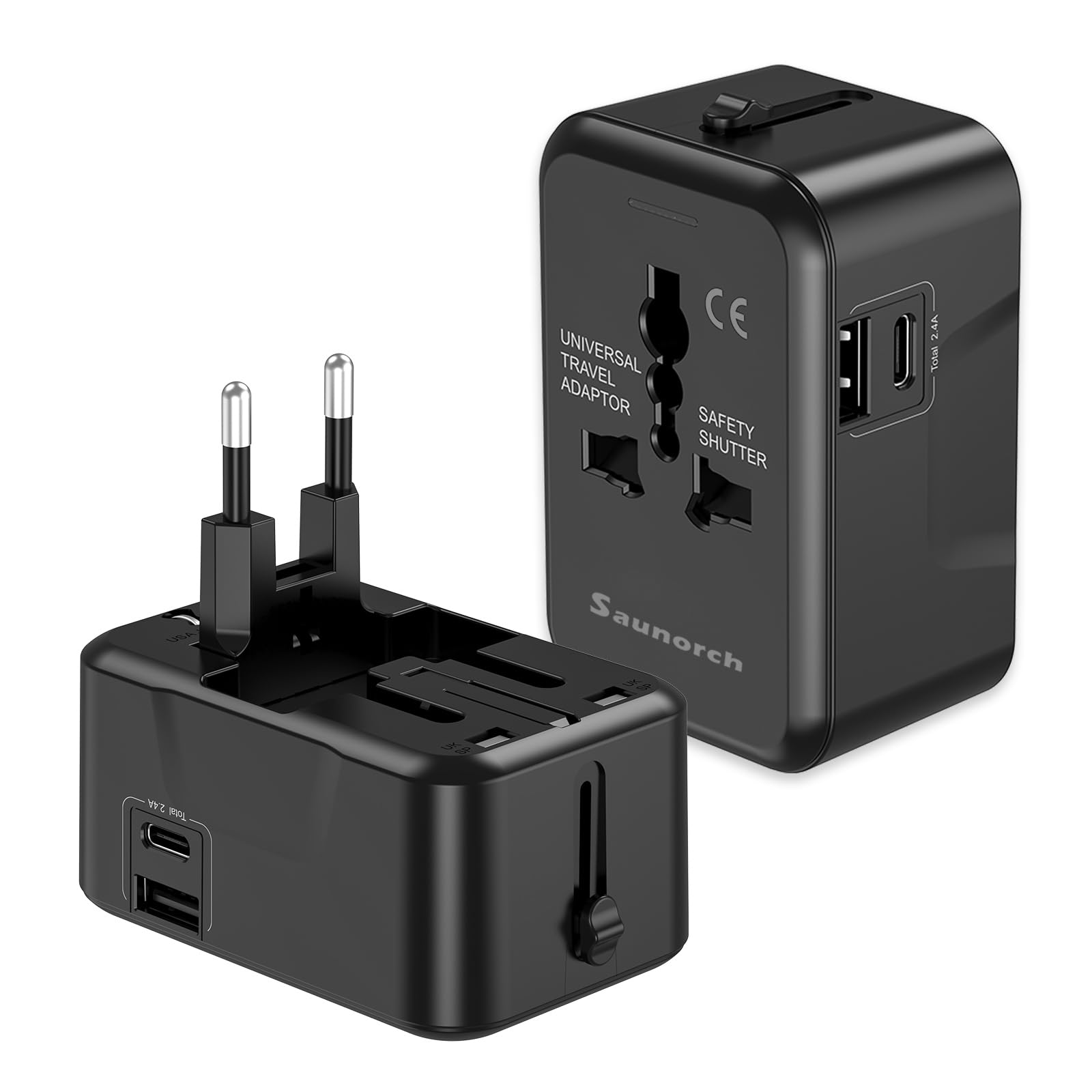 Craques universal travel adapter with USB C in black featuring multiple plug types and USB ports for global use