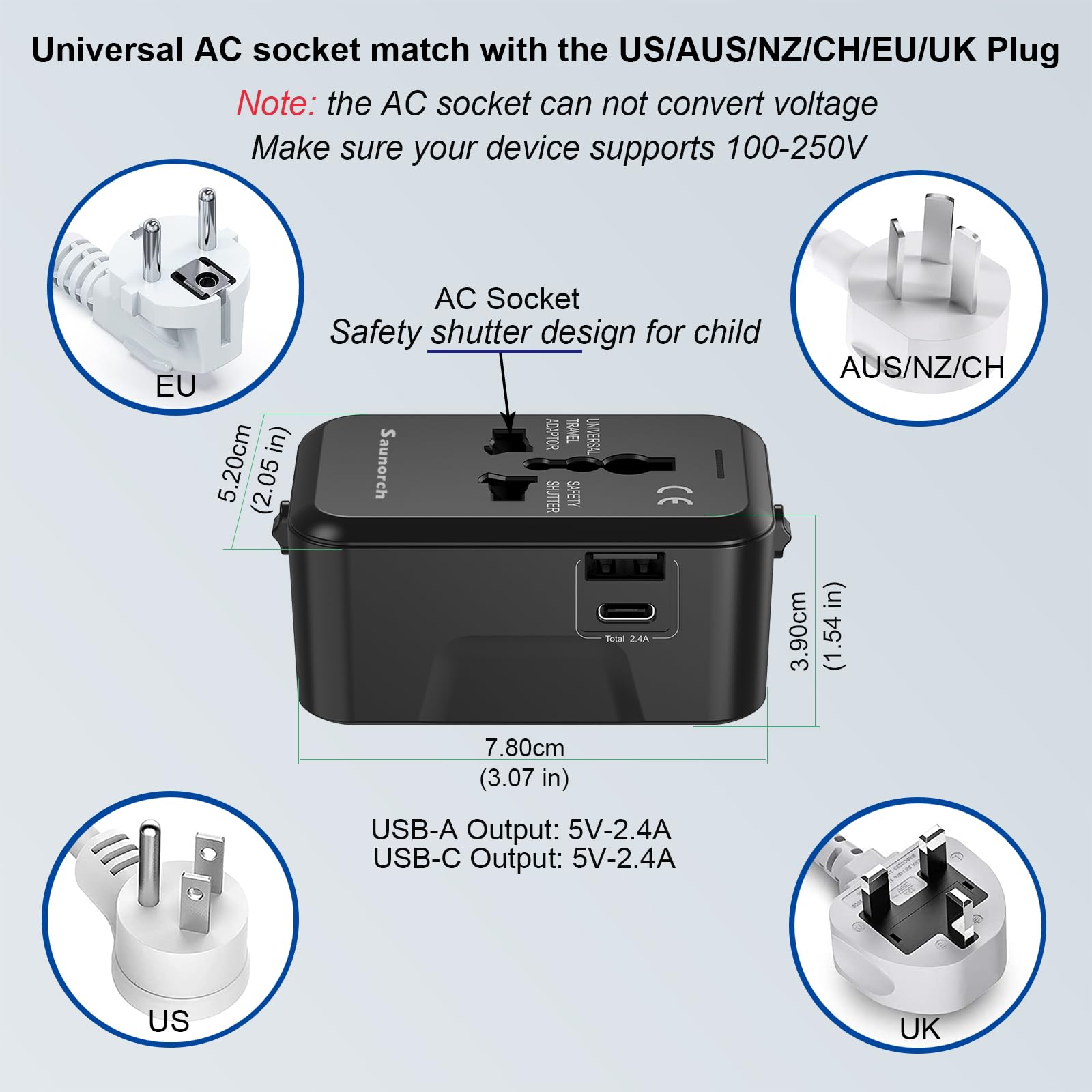 Craques universal travel adapter with USB C featuring multiple plug types and safety shutter design