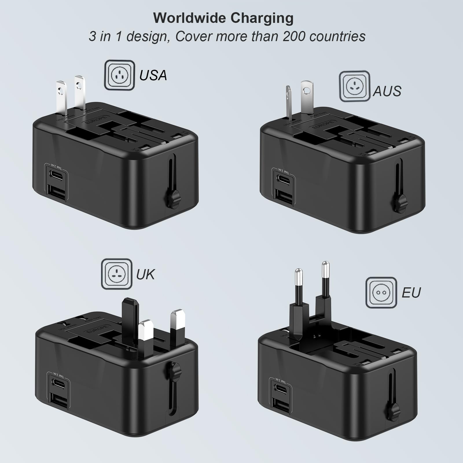 Craques universal travel adapter with USB C featuring US AUS UK and EU plug options for worldwide charging