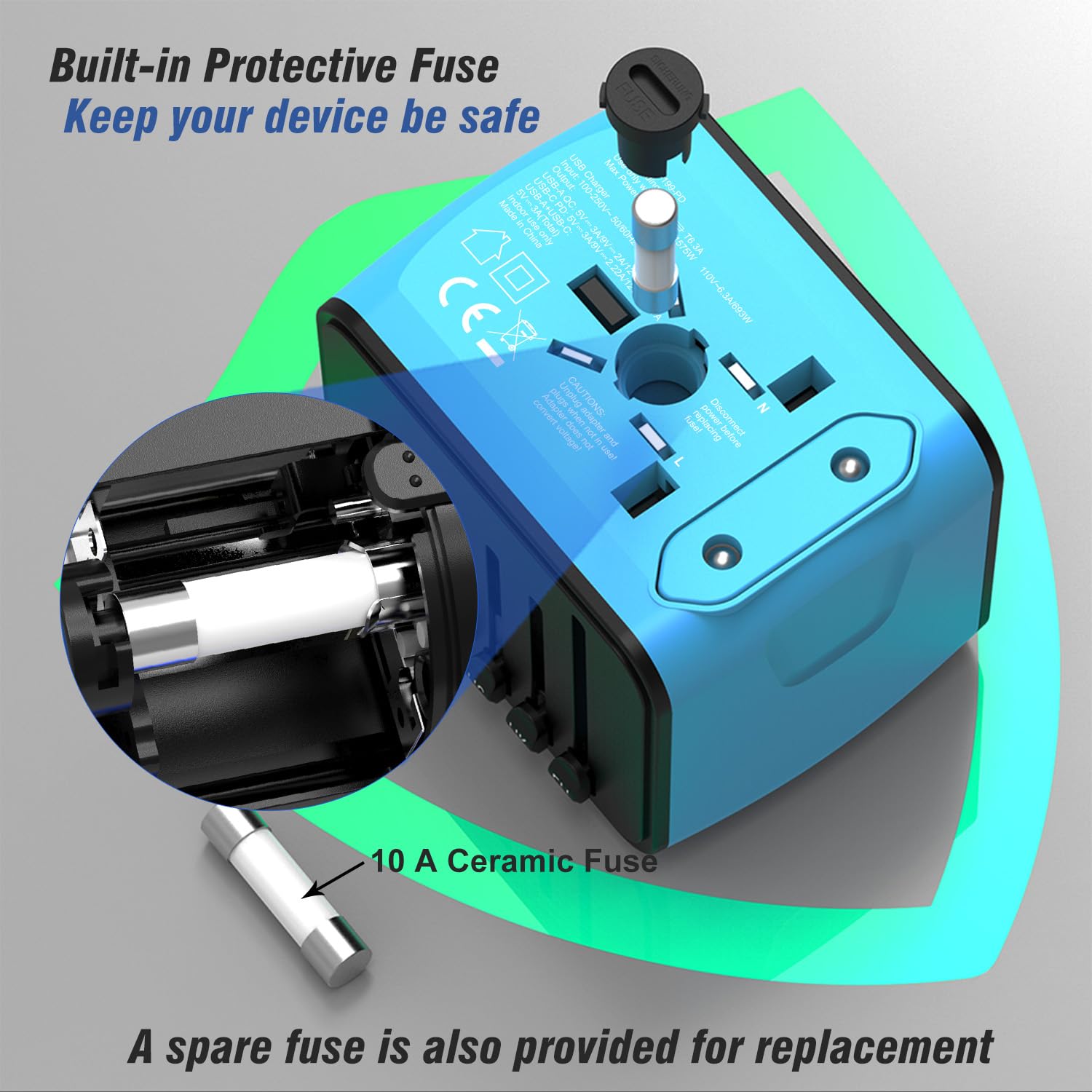 Craques universal travel adapter with USB C in blue featuring built-in protective fuse and spare fuse for safety