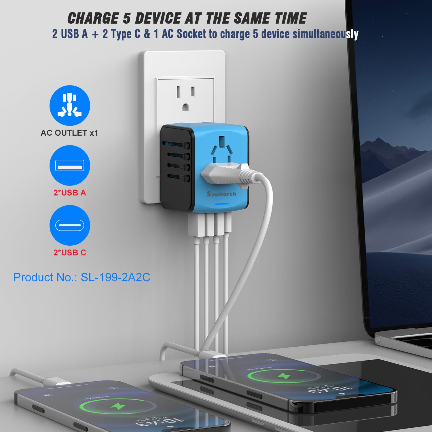 Universal travel adapter with USB C by craques charging five devices including phones and laptops simultaneously