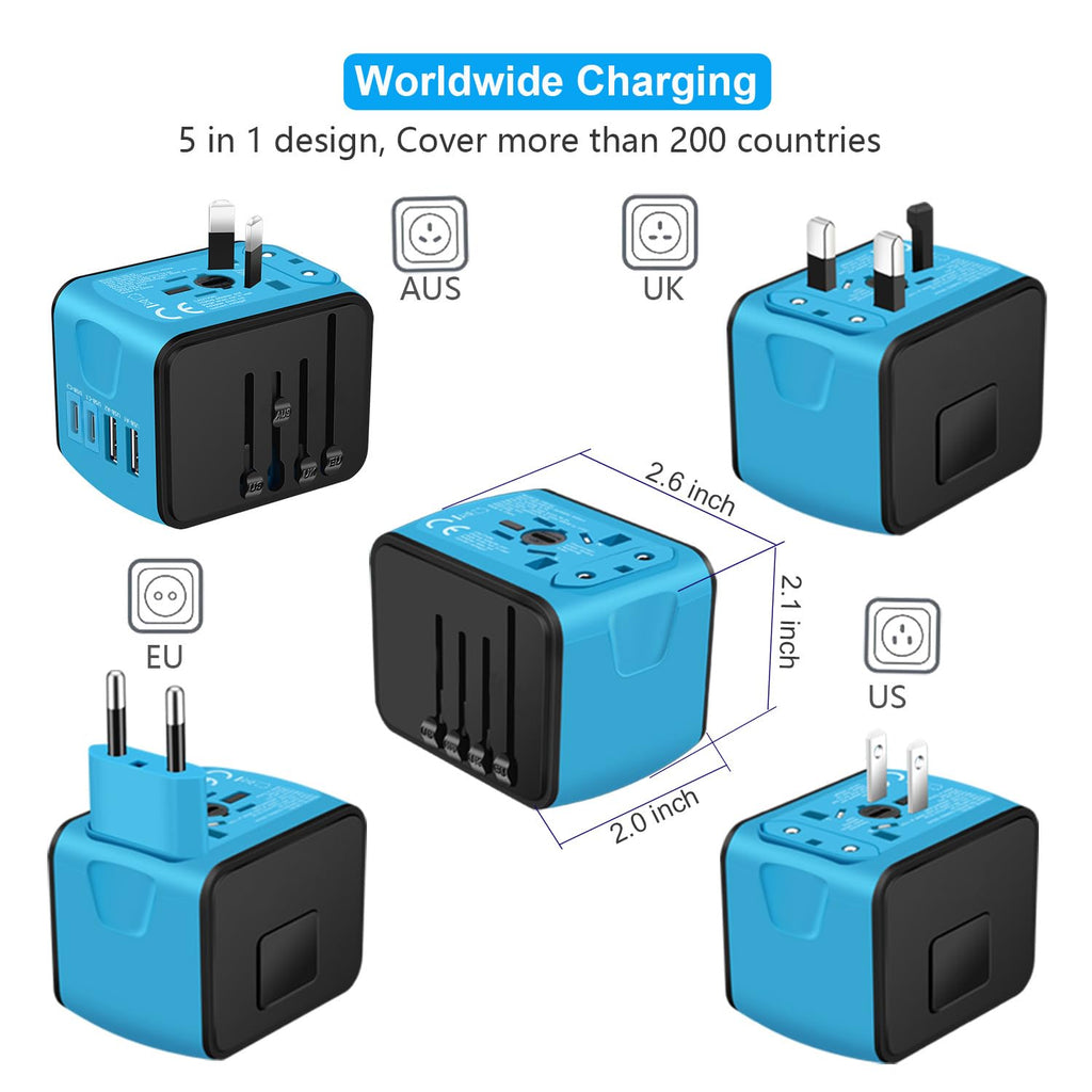 Craques universal travel adapter with USB C in blue and black supporting AUS UK EU and US plugs